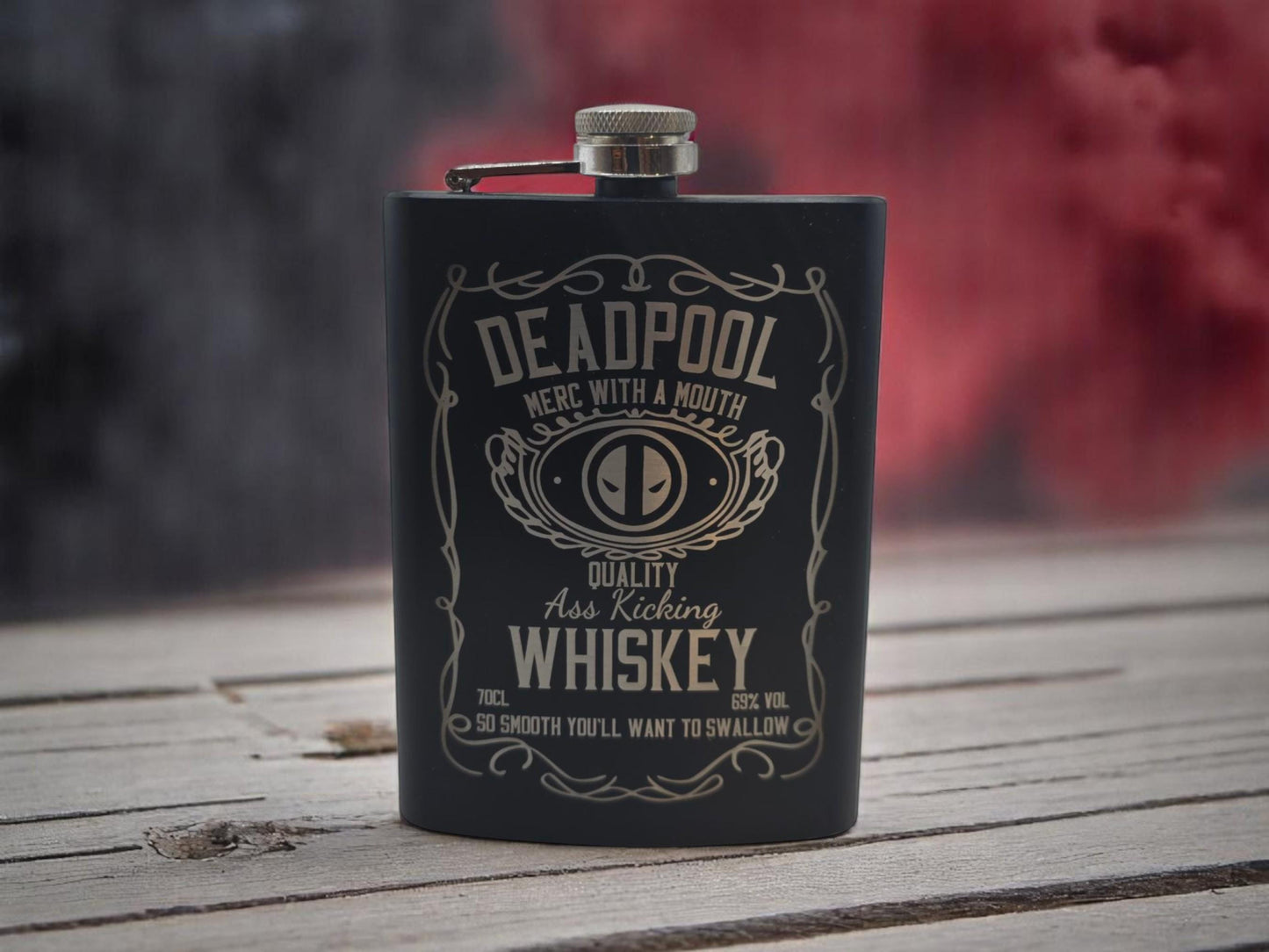 a flask flask with a label on it