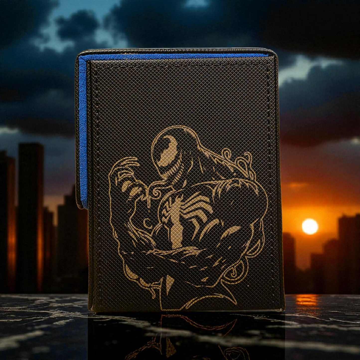 A wallet or card with a design featuring a character resembling the Marvel superhero Spider-Man, with a dark background and a city skyline in the background.