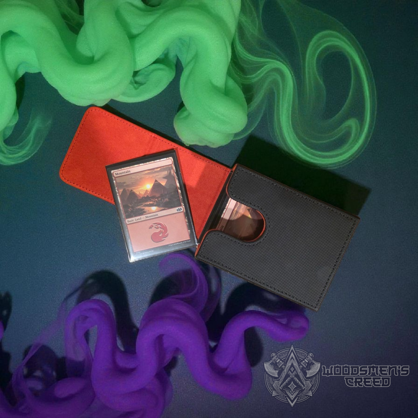 a collection of colorful objects, including a red wallet, a black wallet, and a card with a dragon design, all set against a dark background with swirling green and purple smoke.