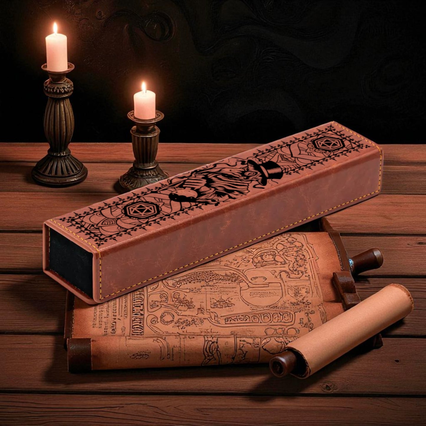 a wooden table with a long, rectangular box with a map and a scroll, along with two lit candles and a rolled-up parchment.