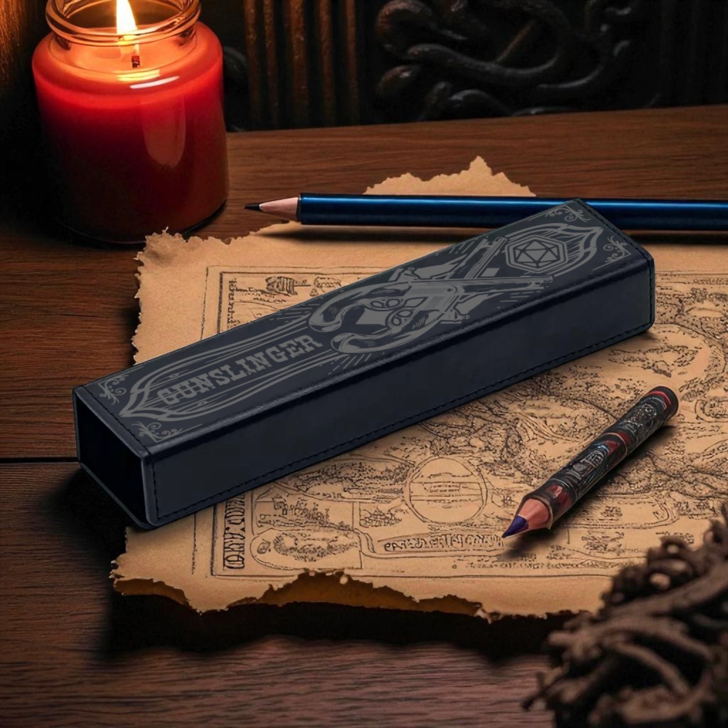 a pen, a pencil, and a map on a wooden surface, with a lit candle in the background.