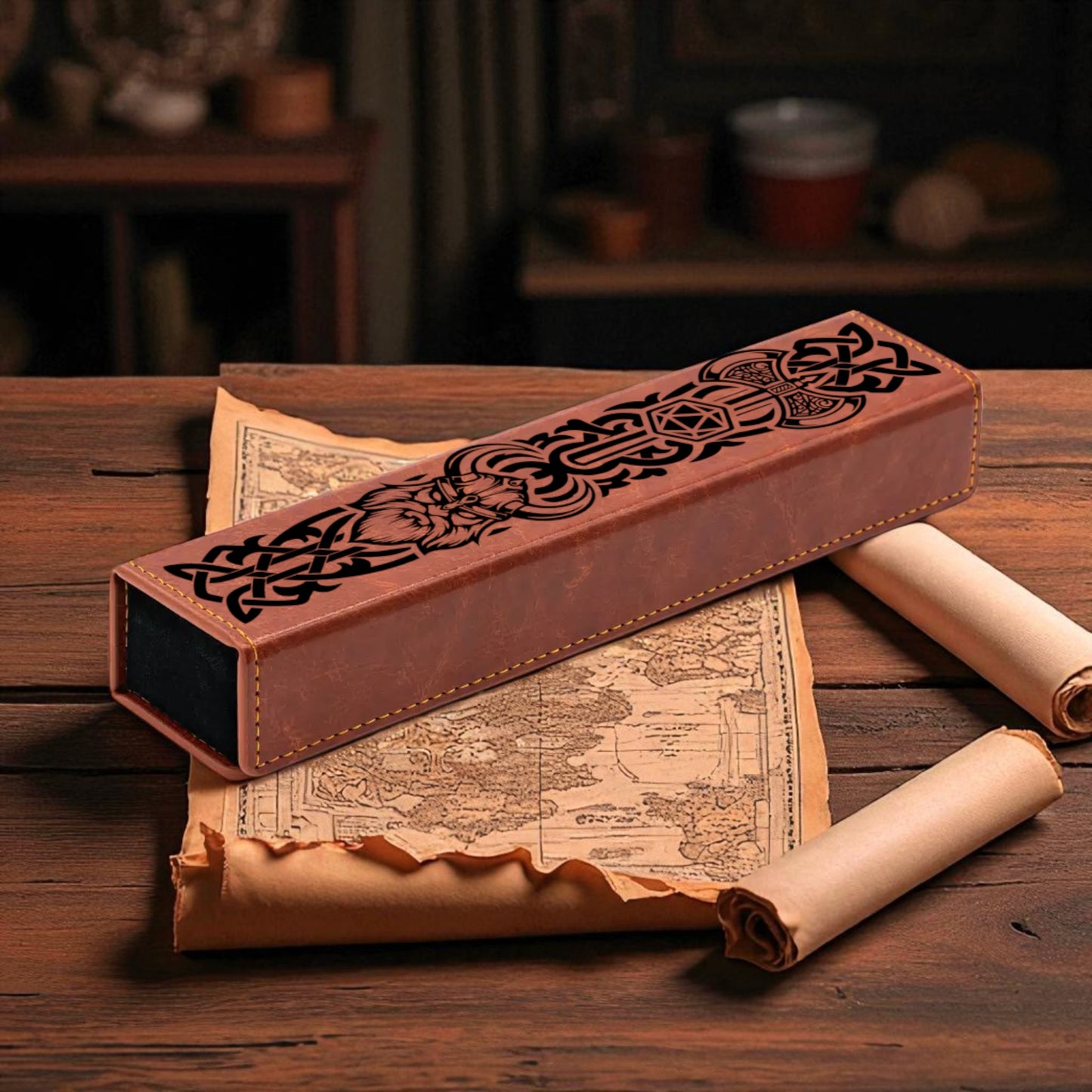 A brown leather case with a decorative design sits on top of a map and two rolled-up parchment documents on a wooden surface.