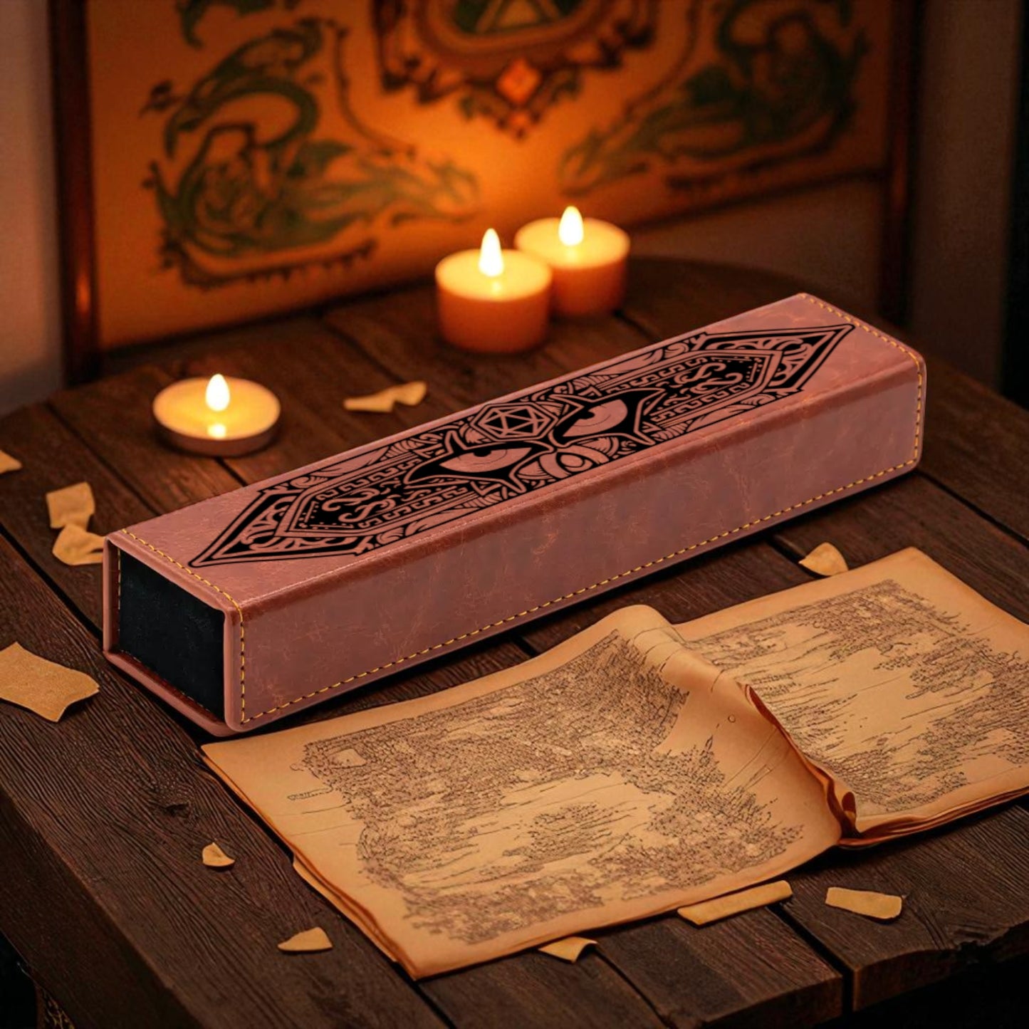 a wooden table with a pink box, an open book, and three lit candles. The book appears to be a map, and the candles are placed on the table, creating a warm and cozy atmosphere.