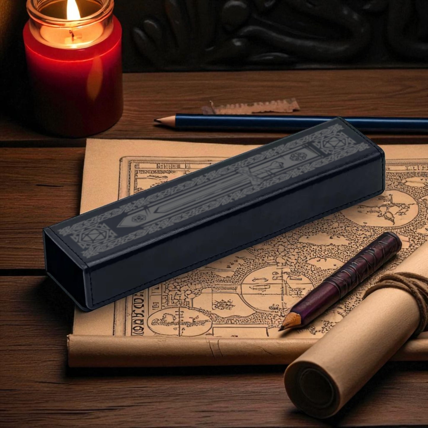 a collection of objects, including a candle, a pencil, a map, and a rolled-up parchment, all arranged on a wooden surface.
