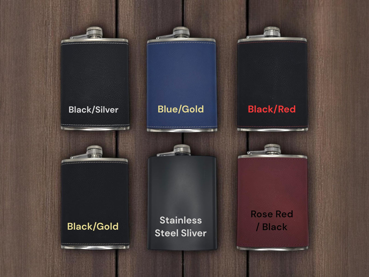 a group of flasks sitting on top of a wooden table