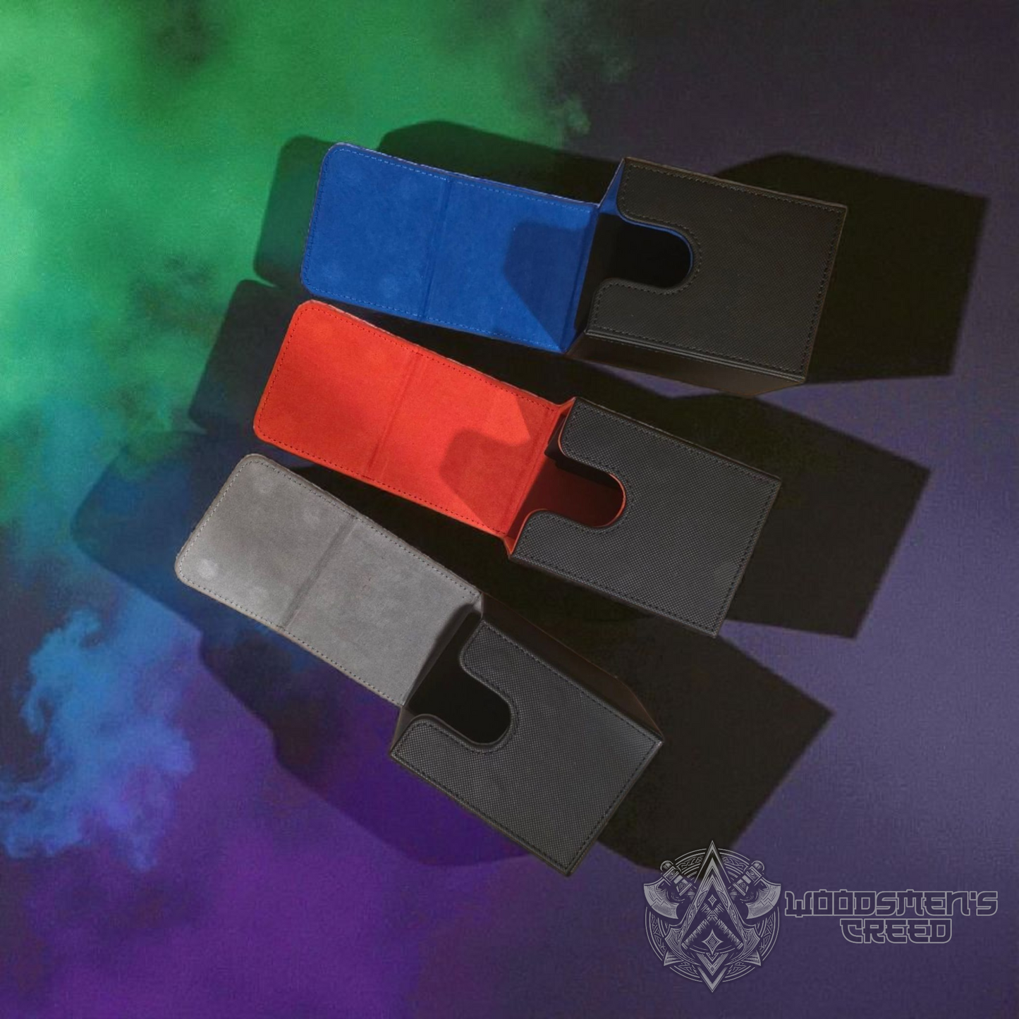 three different colored wallet cards, including a blue wallet, a red wallet, and a black wallet, arranged on a purple background with a green and blue gradient.