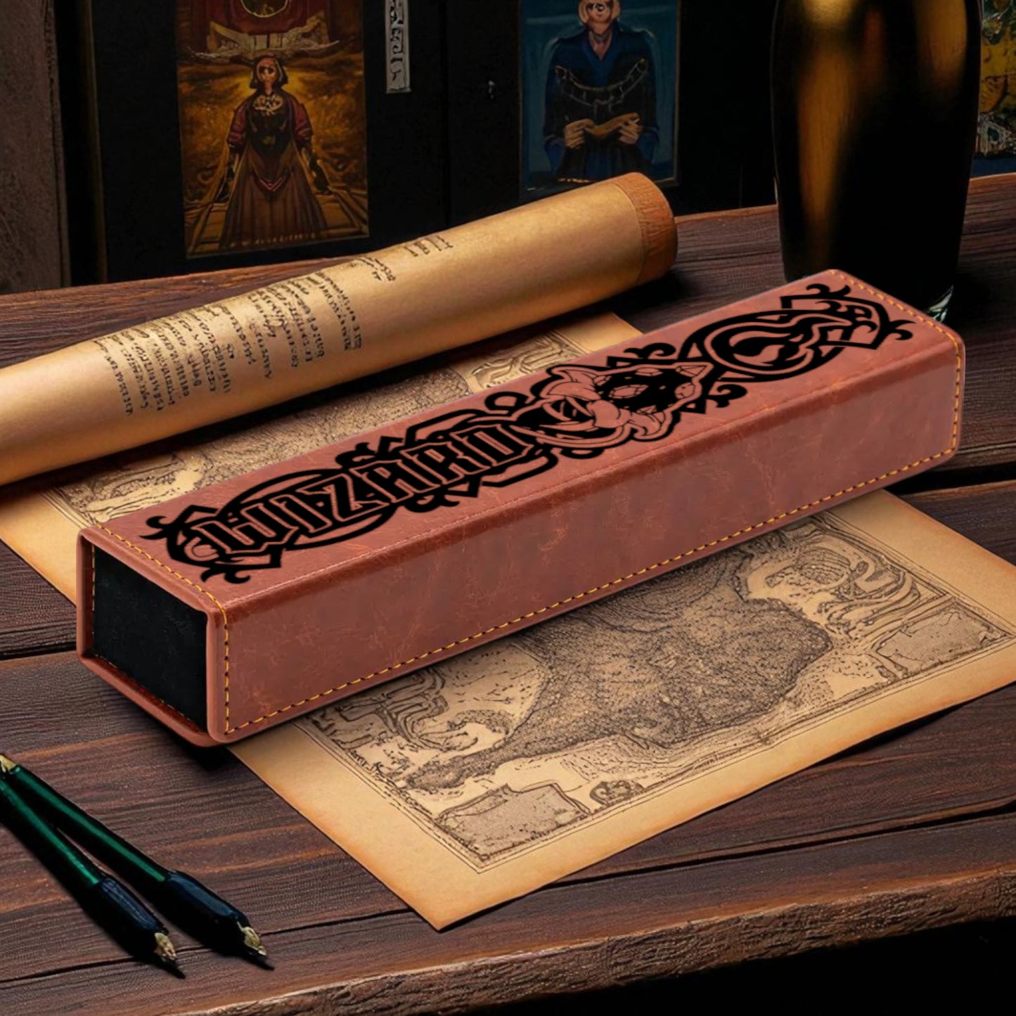a brown leather case with a map of a fantasy world on it, along with a scroll and a glass on a wooden surface.