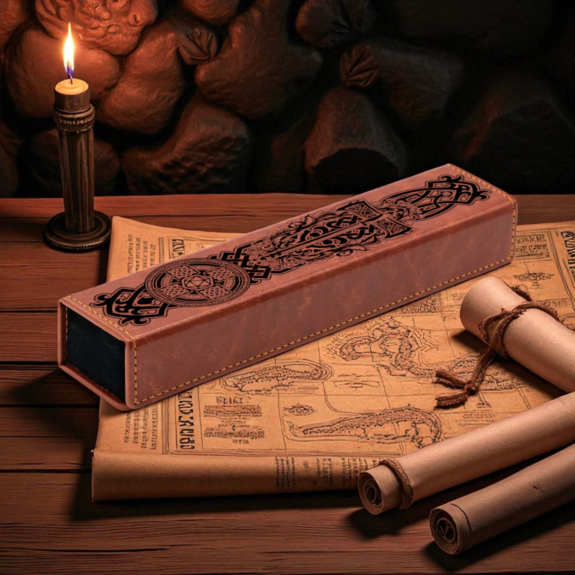 a wooden desk with a lit candle, a leather-bound book, and a map, creating a cozy and intellectual atmosphere.