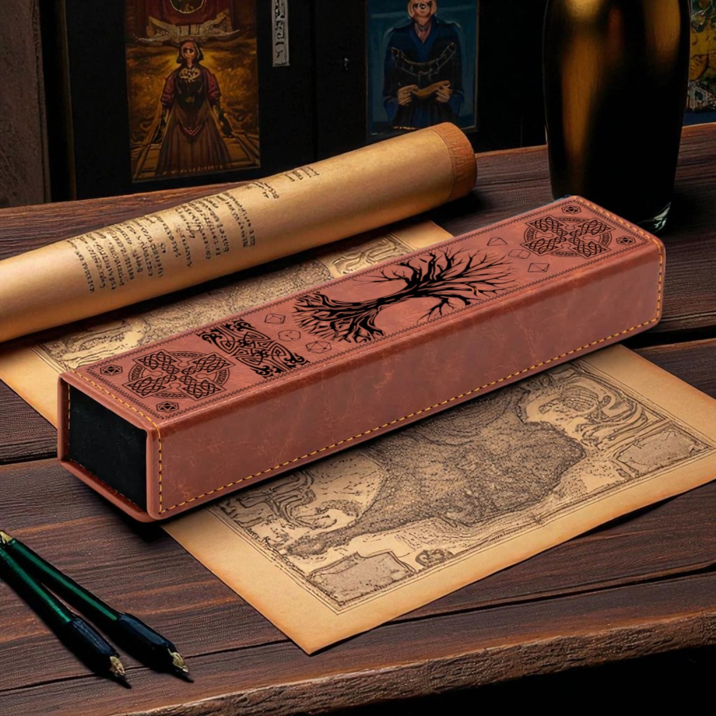 a wooden desk with various items on it, including a rolled-up parchment, a map, a pen, and a glass.