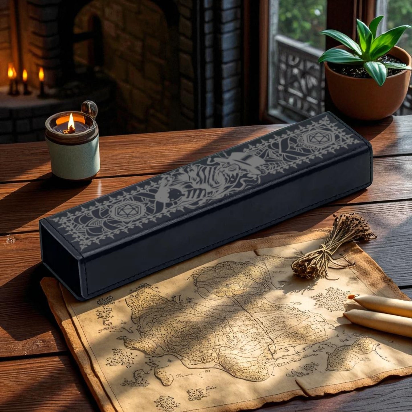 a map of a fictional world, a candle, and a small plant on a wooden surface.