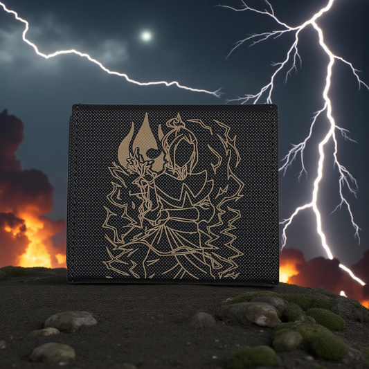 A black wallet with a gold design on it, placed on a rocky surface against a dramatic backdrop of lightning and a fiery sky.