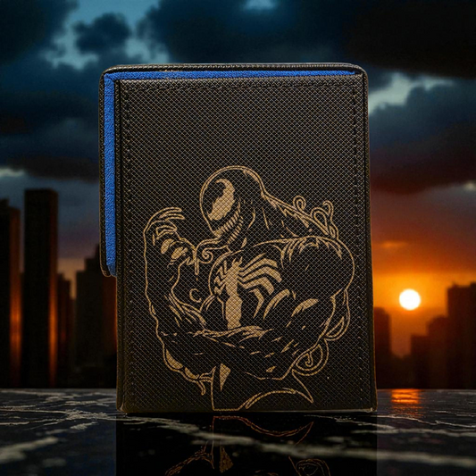 A wallet or card with a design featuring a character resembling the Marvel superhero Spider-Man, with a dark background and a city skyline in the background.