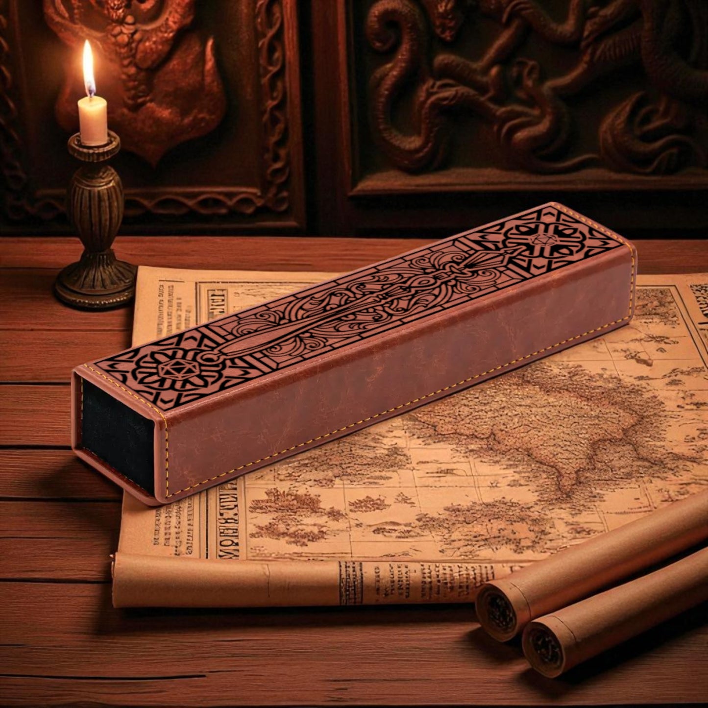 a wooden desk with a map, a candle, and a leather-bound book or notebook.