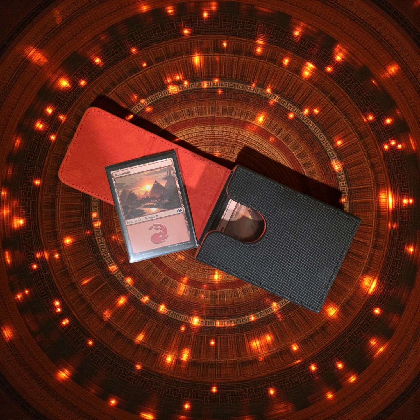 a deck of cards and a wallet, both resting on a circular patterned surface with a warm, glowing background.