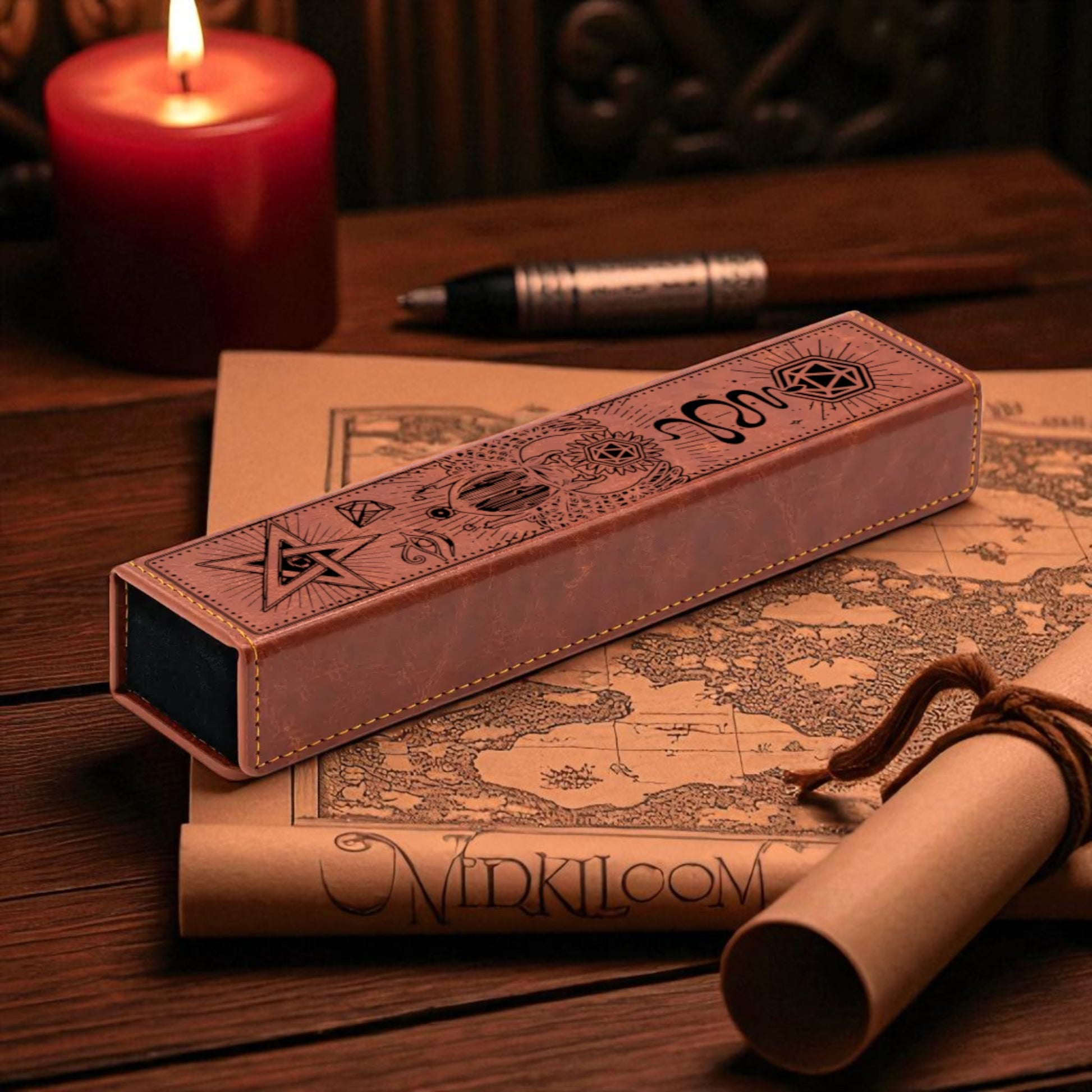 a pen with a leather case, a candle, a map, and a scroll, all arranged on a wooden surface.