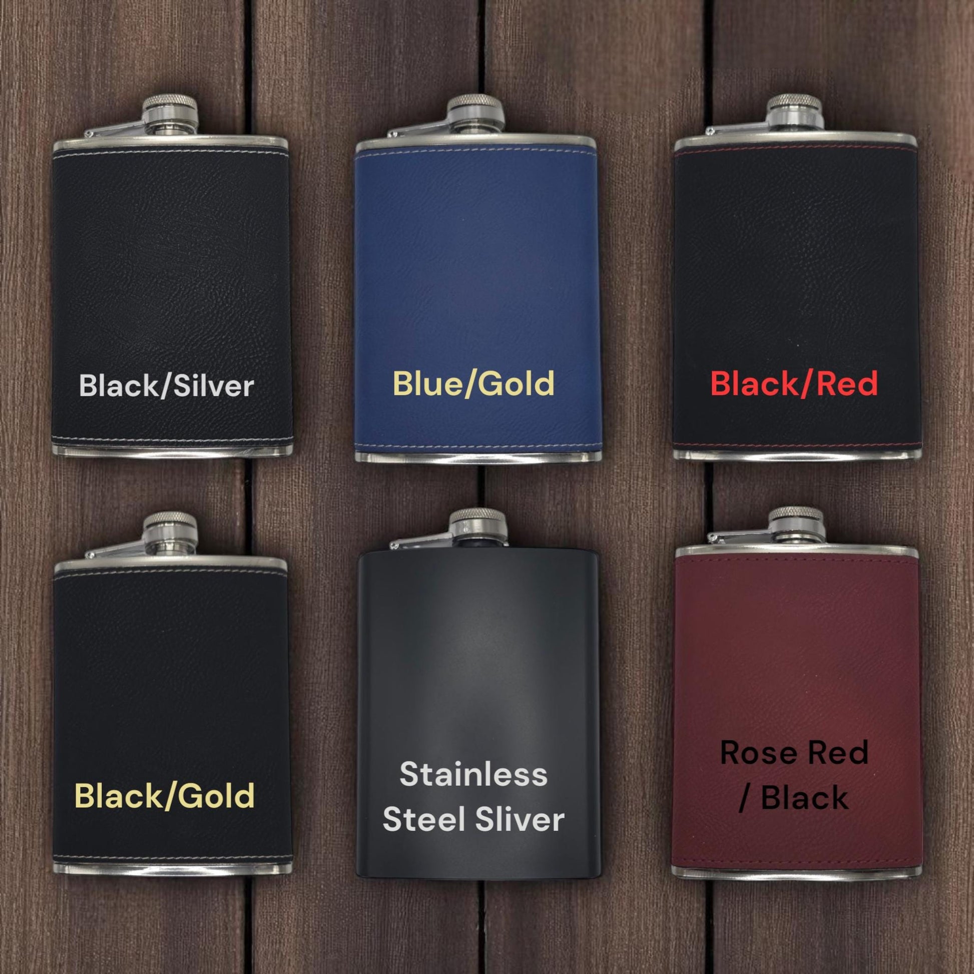 a set of six flasks with black / gold, red / blue /