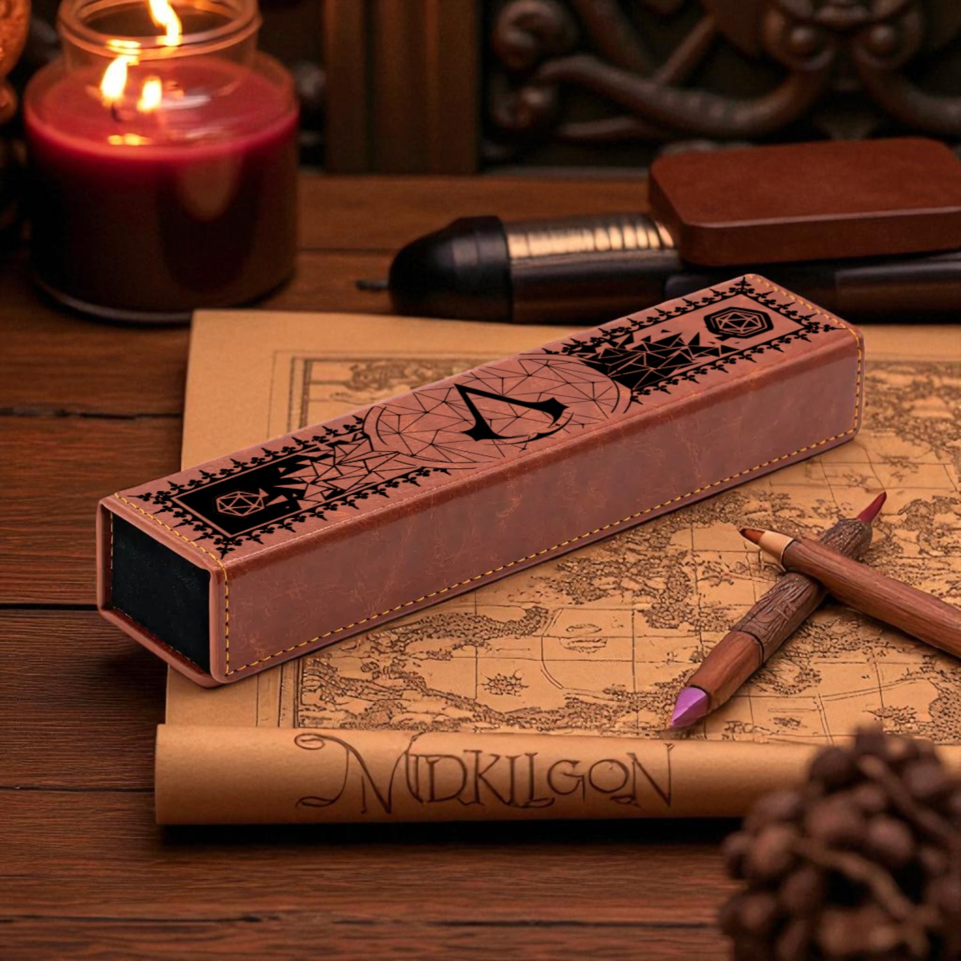 a wooden desk with a map, a candle, a pen, and a leather-bound notebook.