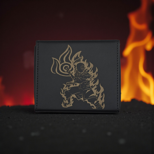 A black wallet with a gold-colored design depicting a stylized figure with flames on it, placed against a background of a blurred fire.