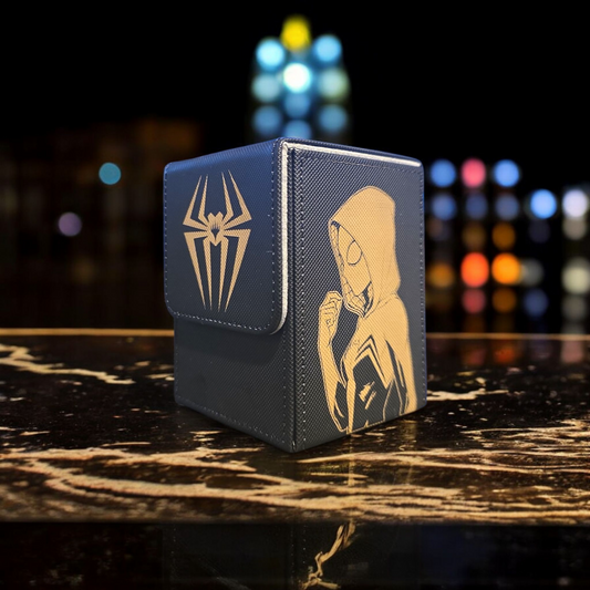 A blue wallet or card holder with a spiderman logo on it, placed on a marble surface against a blurred background with colorful lights.