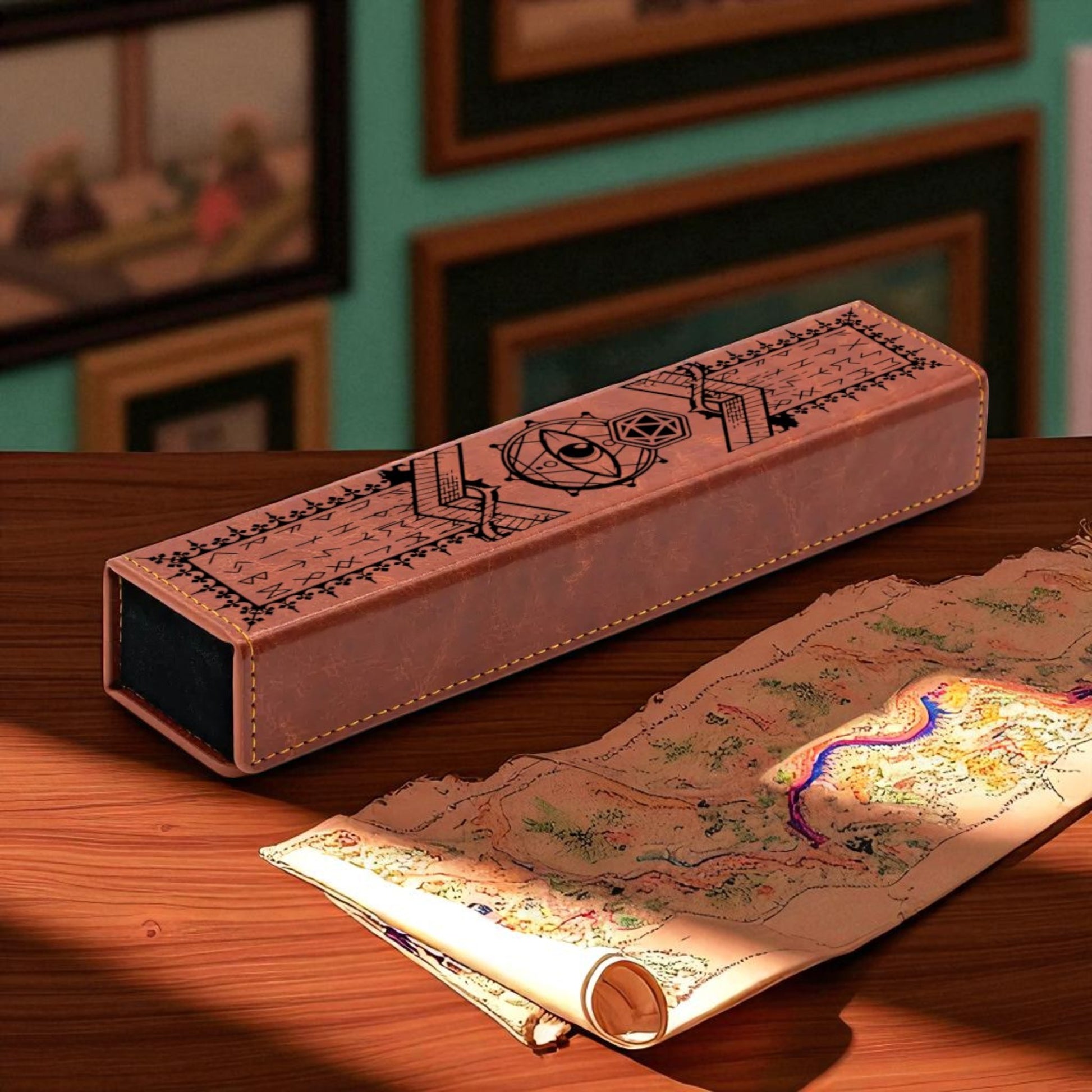 a wooden table with a rolled-up map and a wooden box with a decorative design on it.