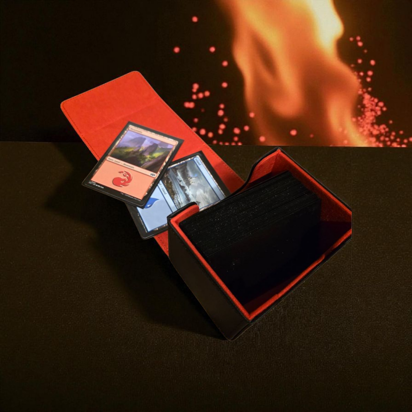 A red Magic: the Gathering card holder is open, revealing several decks of cards inside.