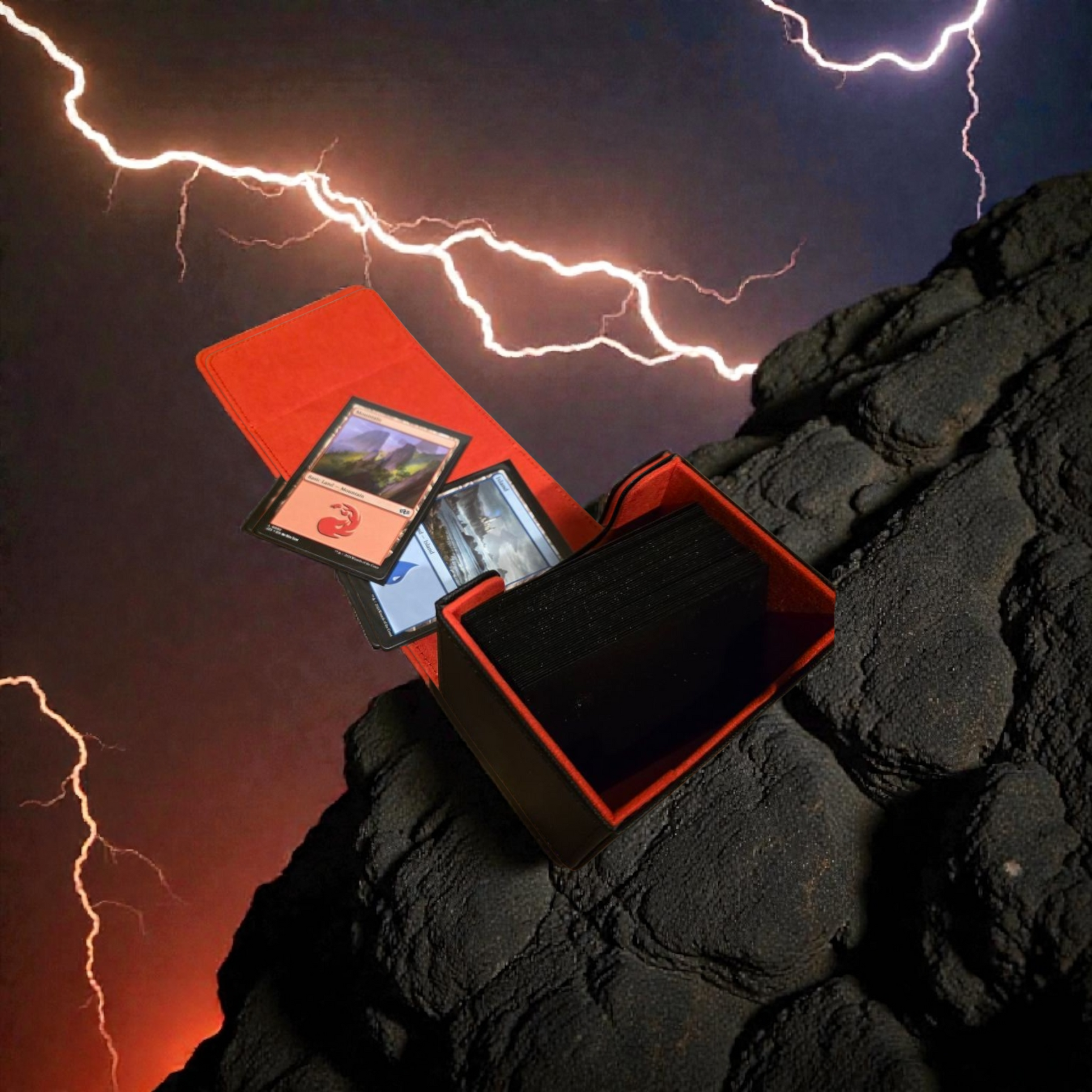 A red Magic: the Gathering card case is open, revealing several cards against a backdrop of a stormy sky with lightning bolts.