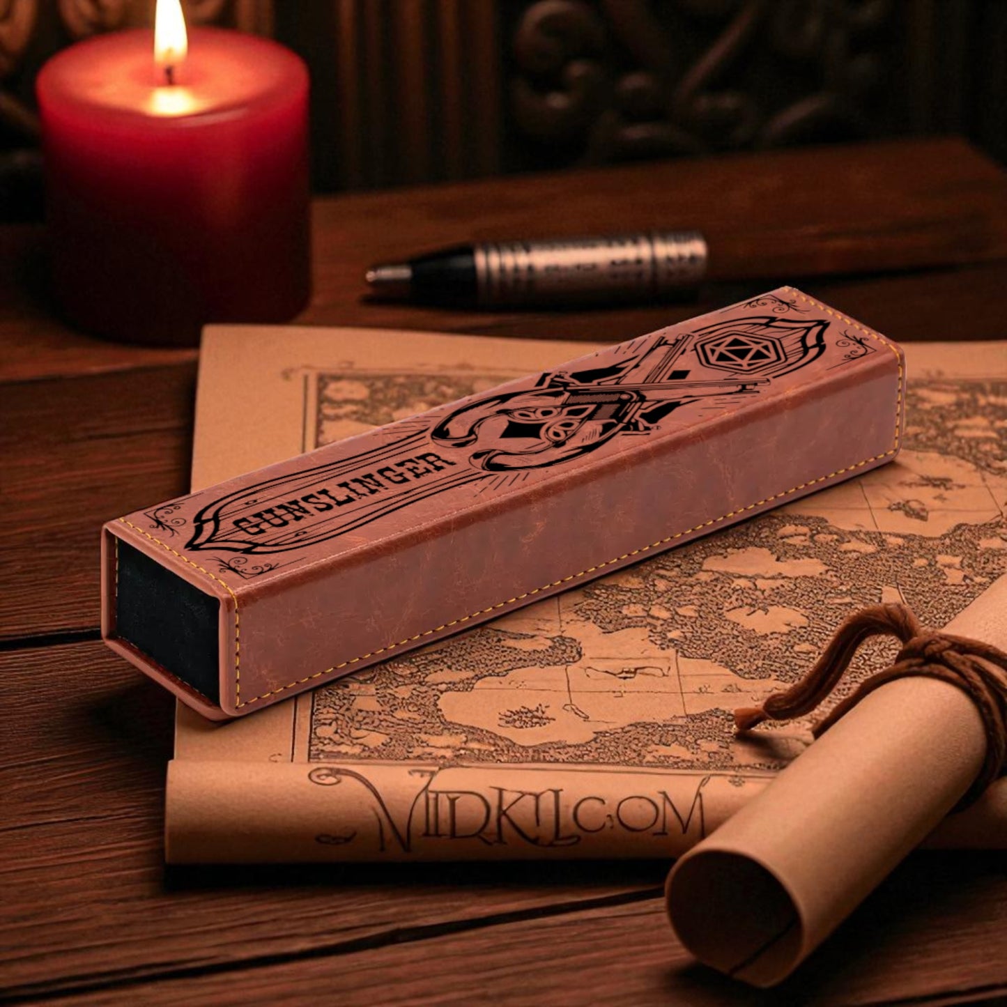 a pen with a wooden case, a candle, and a map on a wooden surface.