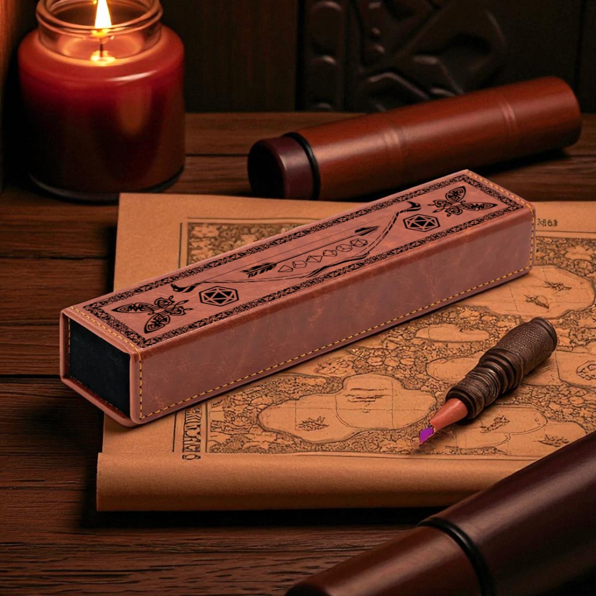 a brown leather-bound book with a pen resting on top of it, along with a candle and a map.