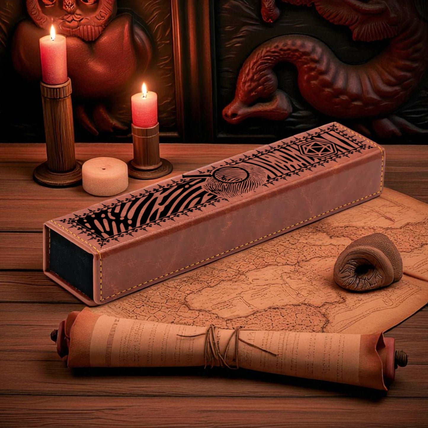 a wooden table with a rolled-up parchment or scroll, a small wooden box, a candle, and a map.