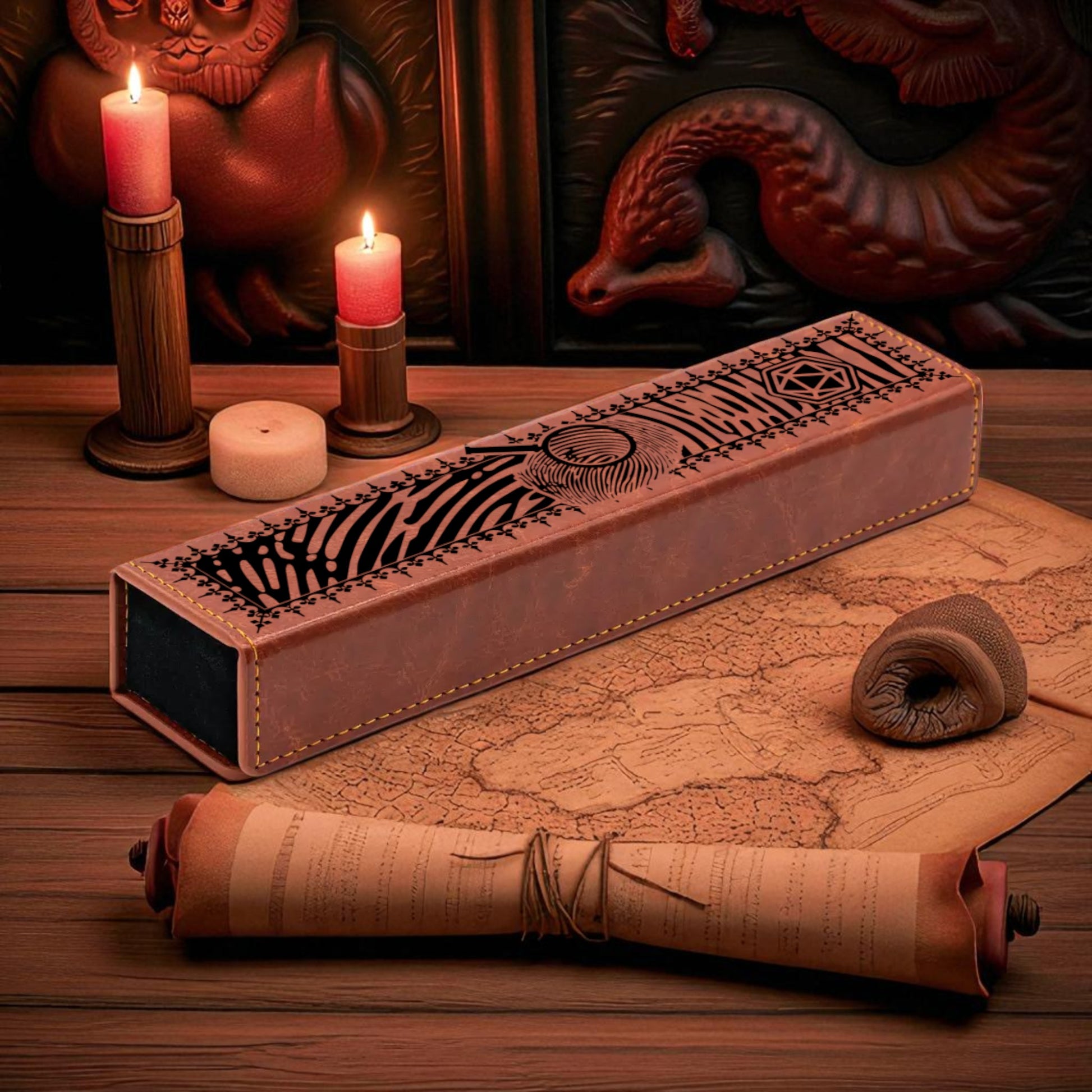 a wooden table with a rolled-up parchment or scroll, a small wooden box, a candle, and a map.