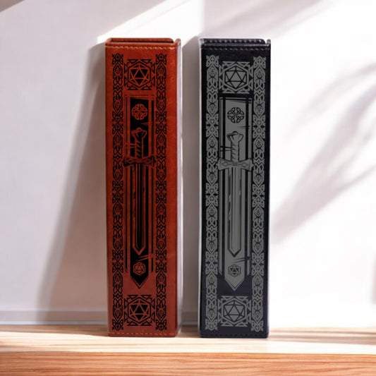 Two tall, narrow bookends with intricate designs on them, one in a rich brown color and the other in a dark gray color.
