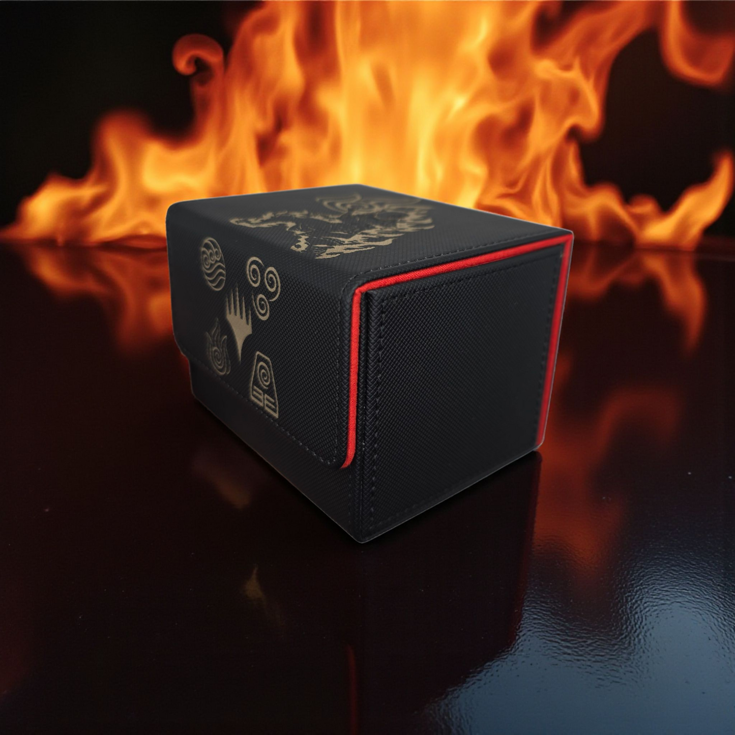 A black and red magic box with gold symbols on it, placed in front of a fiery background.