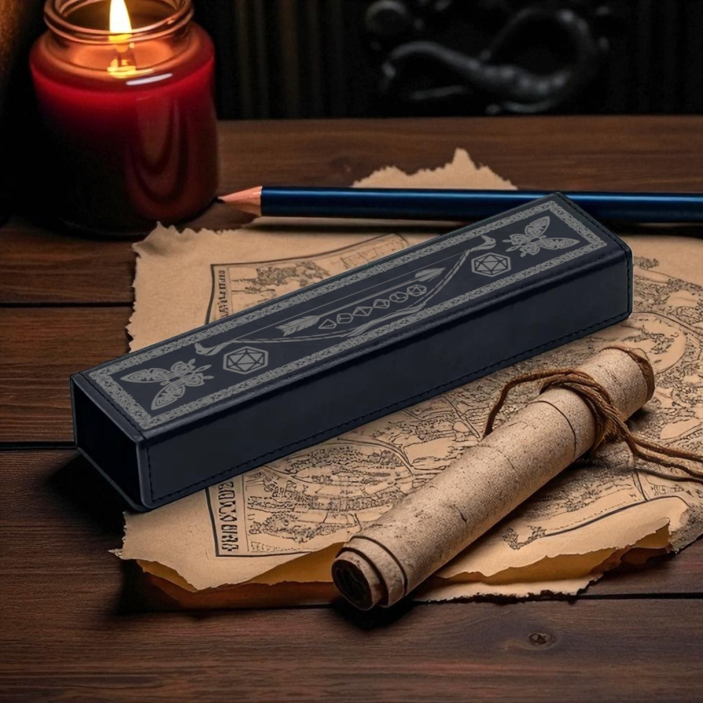 a collection of objects, including a candle, a pencil, a scroll, and a map, all arranged on a wooden surface.