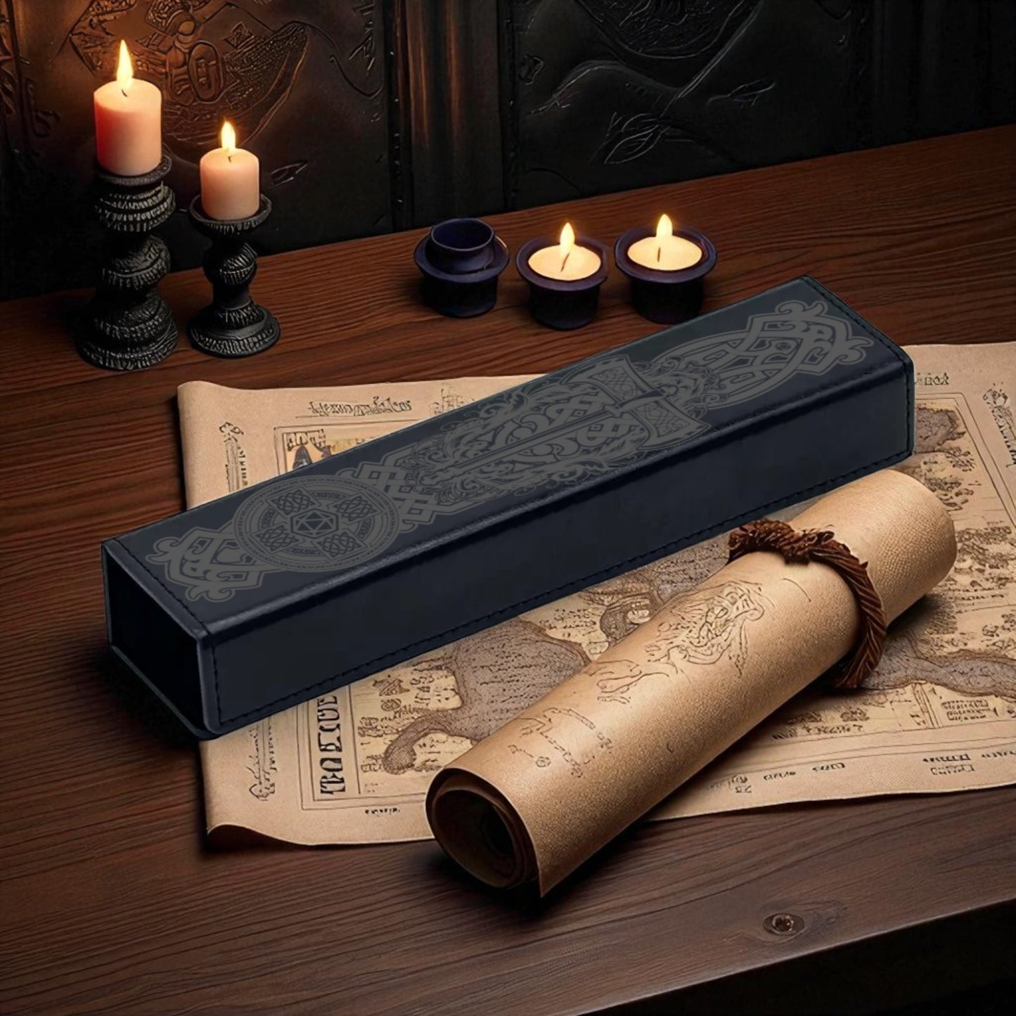 a wooden table with a rolled-up parchment or scroll, a black box with a decorative design, and three lit candles. There is also a map or parchment with text on it, and a small wooden box with a similar design.