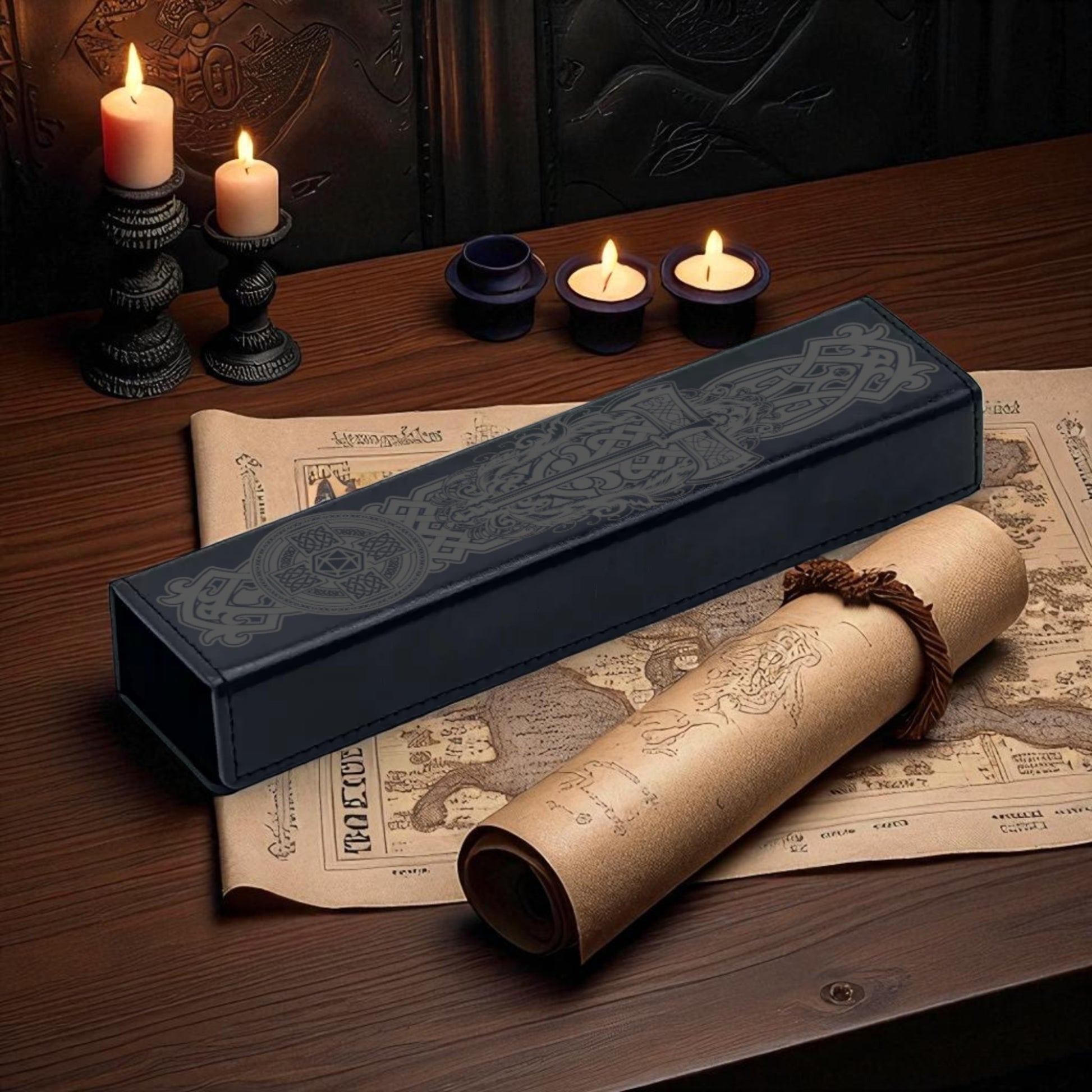 a wooden table with a rolled-up parchment or scroll, a black box with a decorative design, and three lit candles. There is also a map or parchment with text on it, and a small wooden box with a similar design.