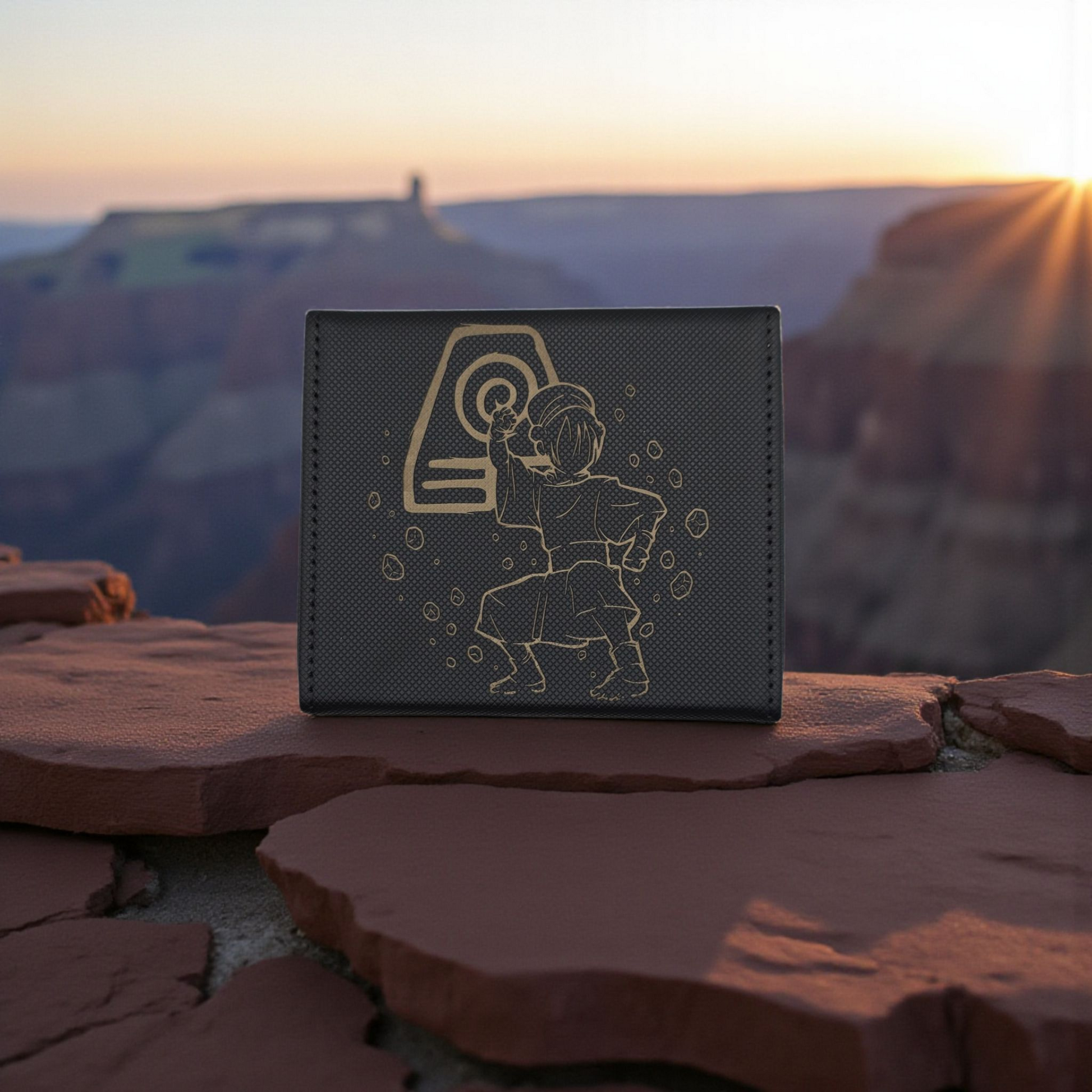 A wallet or card with a design featuring a character from the animated series "Avatar" is placed on a rock formation against a scenic mountain backdrop.