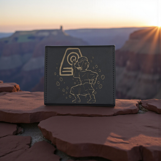 A wallet or card with a design featuring a character from the animated series "Avatar" is placed on a rock formation against a scenic mountain backdrop.