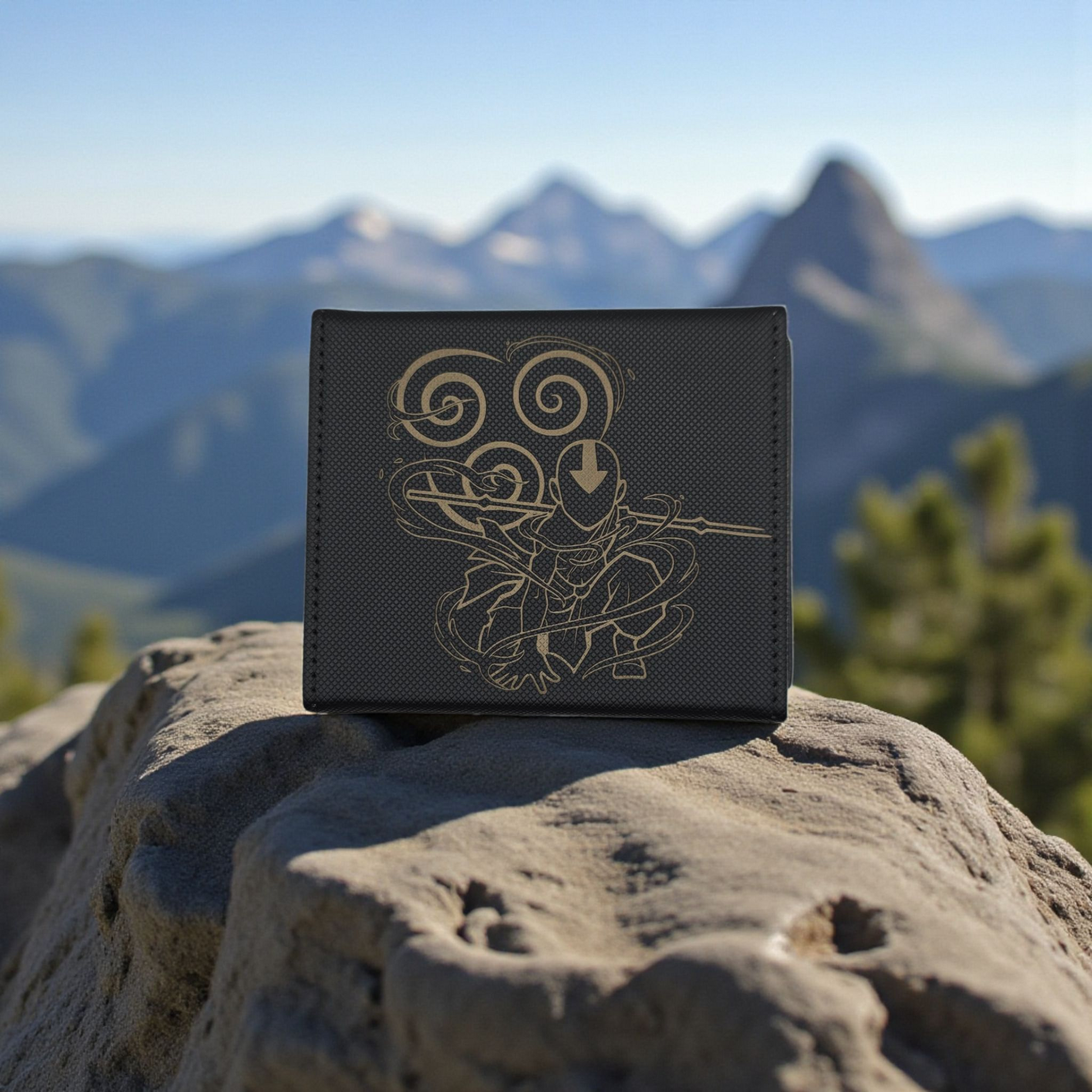 A black wallet with a gold design featuring a character from the animated series "Avatar" is placed on a rock in a mountainous landscape.