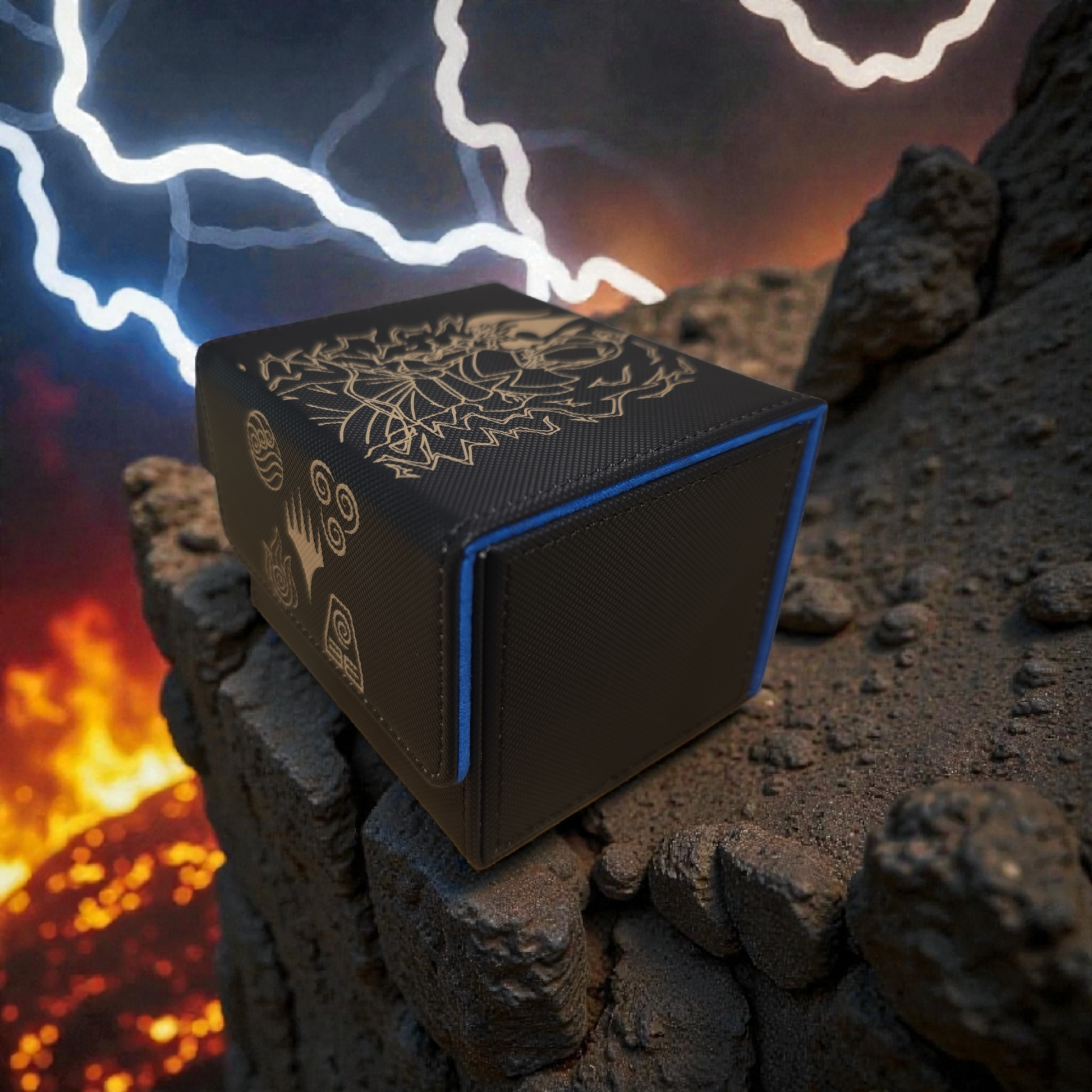 A black and gold Magic: The Gathering (MTG) card holder is placed on a rocky surface, with a dramatic lightning storm in the background.