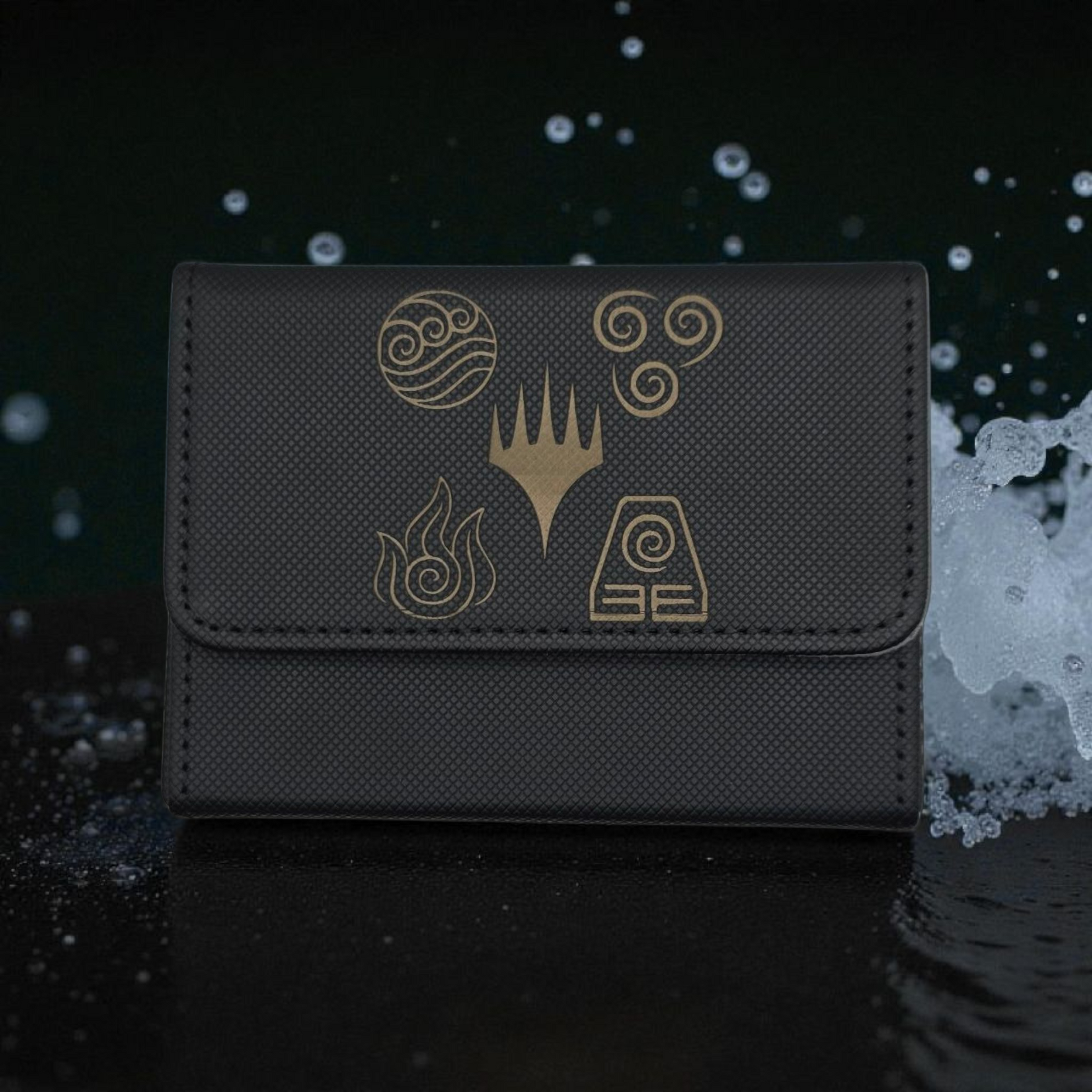 A black wallet or card with gold symbols printed on it, placed on a surface with water droplets around it.