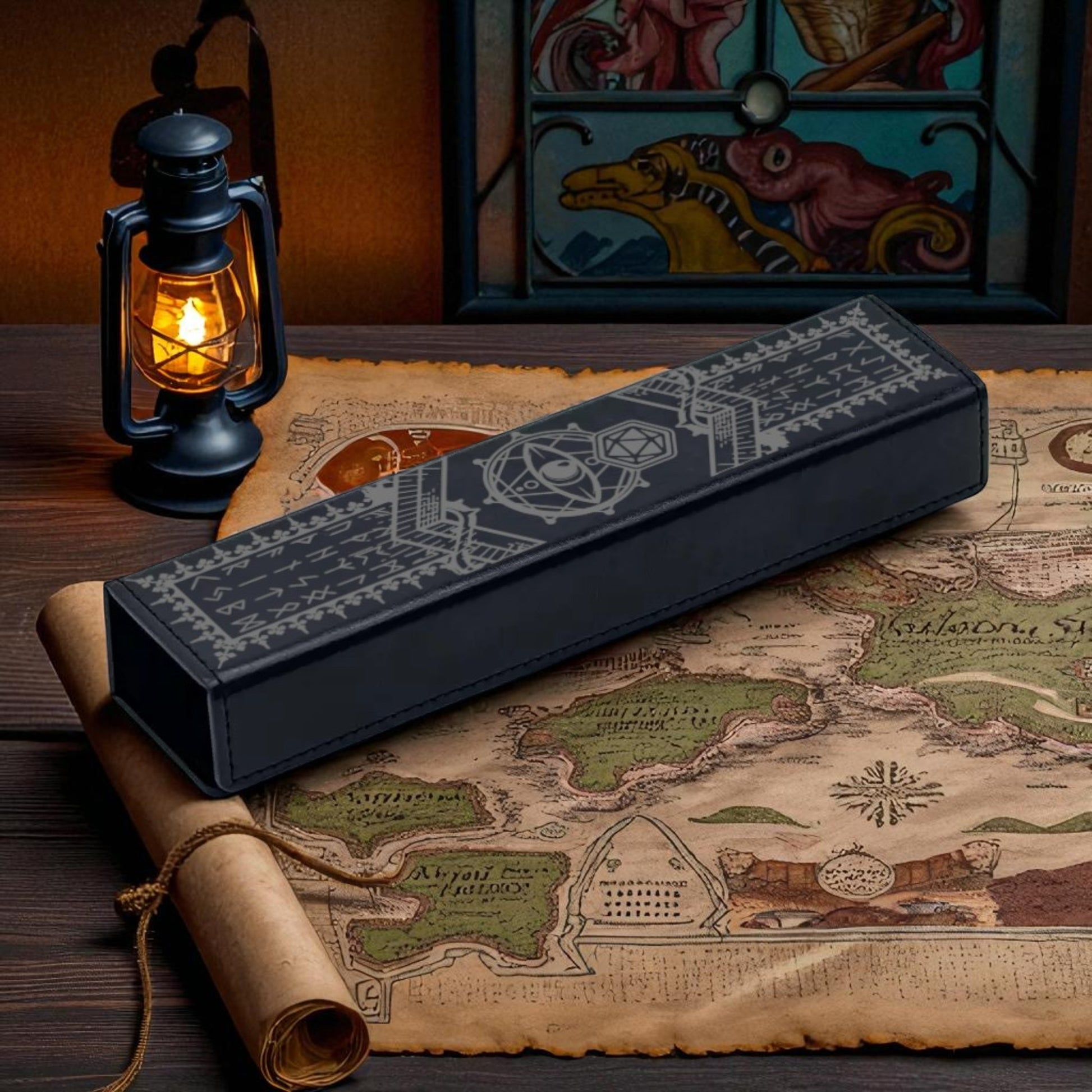 a black rectangular object with a decorative design on it, placed on top of a map. There is also a lantern and a rolled-up parchment or scroll in the scene.
