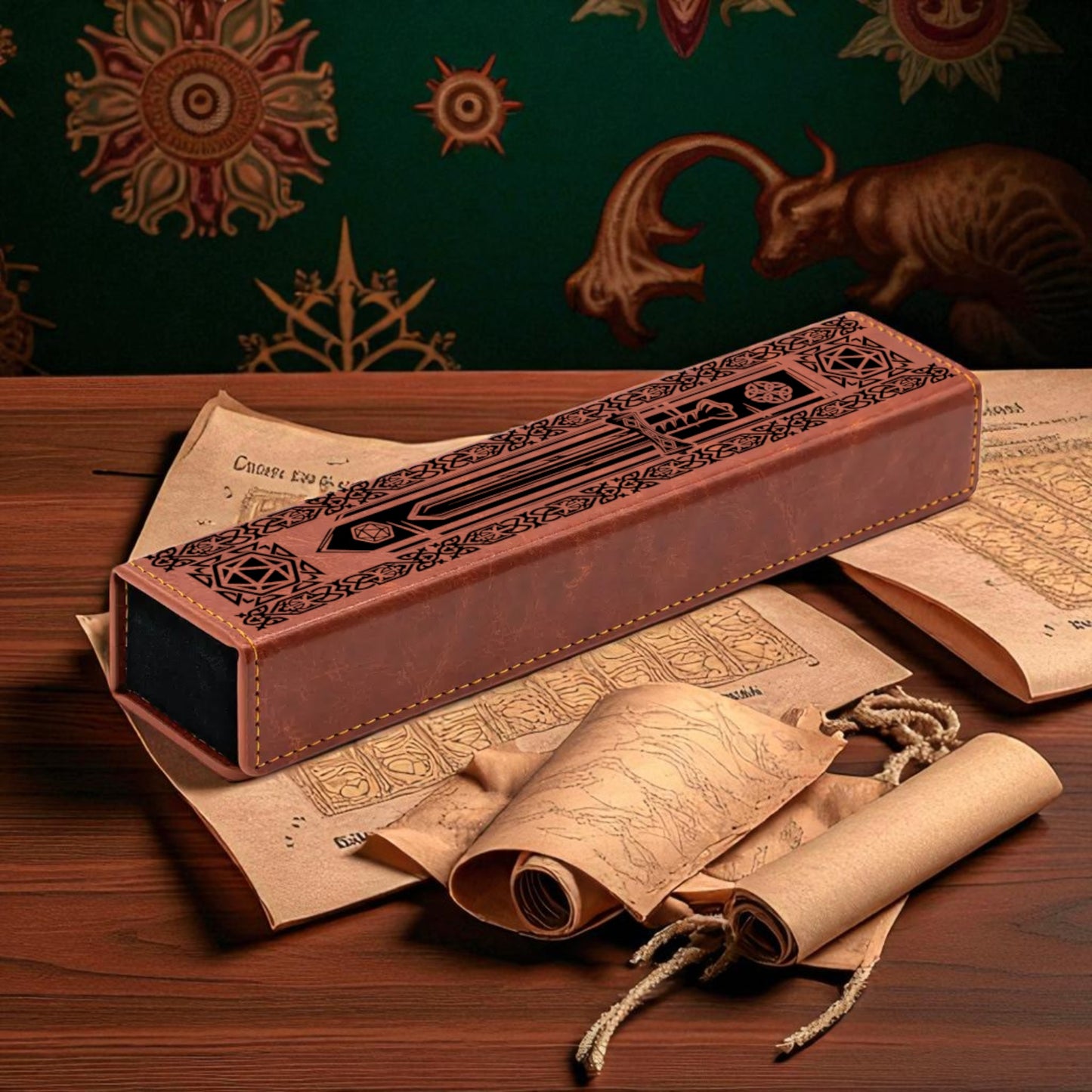 a wooden box with intricate designs, a rolled parchment or scroll, and some papers on a wooden surface.