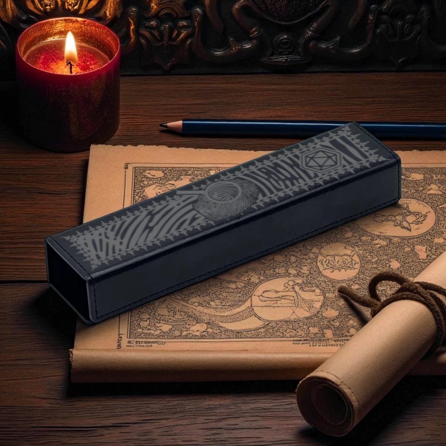 a candle, a pencil, and a rolled-up parchment or paper on a wooden surface.