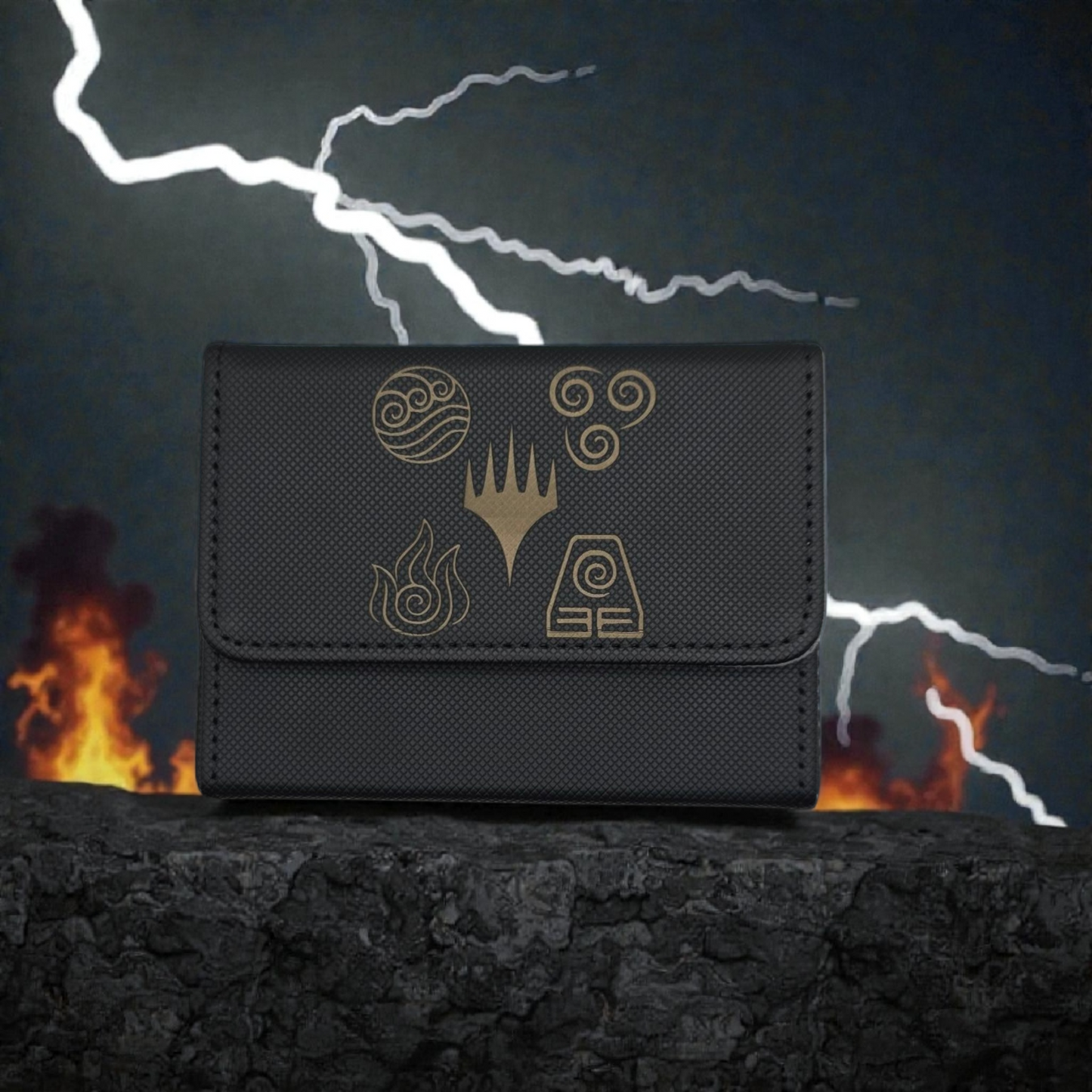 A black wallet or card case with various symbols and designs on it, placed on a rock or ledge against a backdrop of lightning and fire.