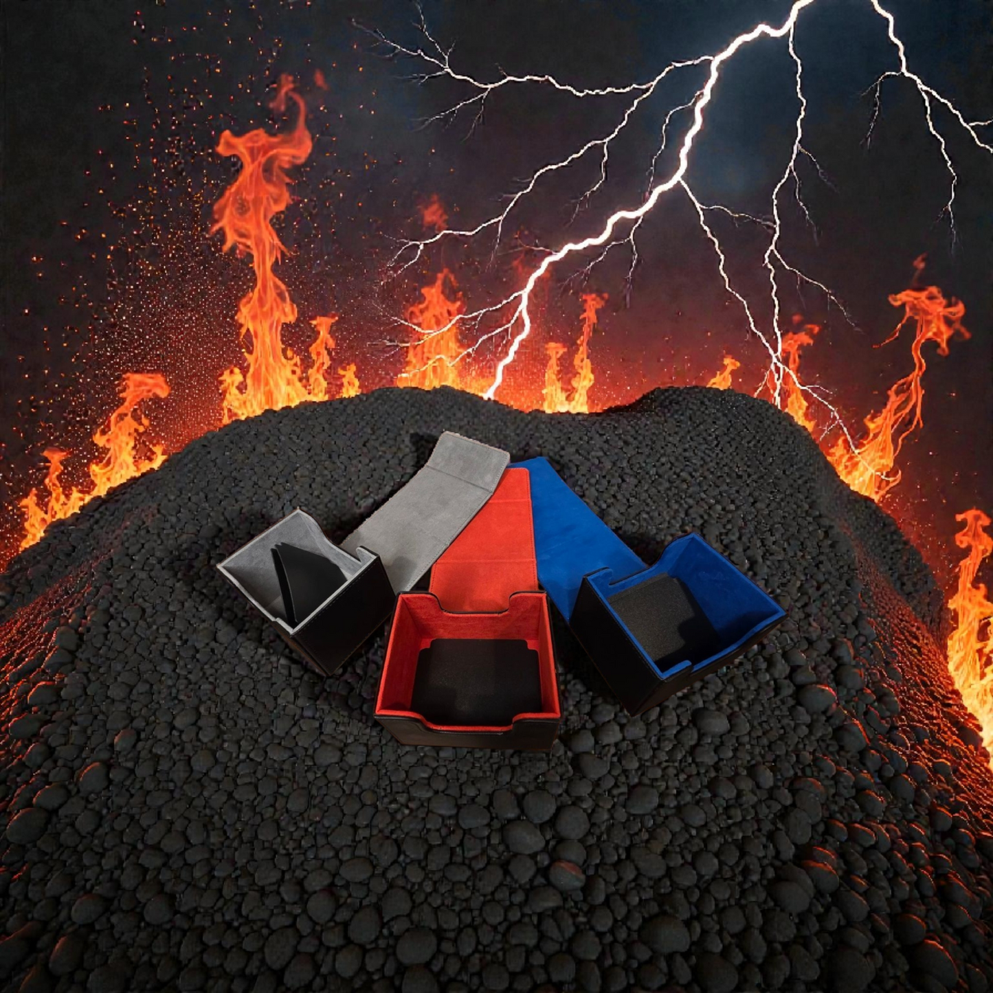 a dramatic scene of a volcano erupting, with flames and lightning illuminating the dark sky. In the foreground, there are three boxes, one red, one blue, and one gray, arranged on a pile of rocks.