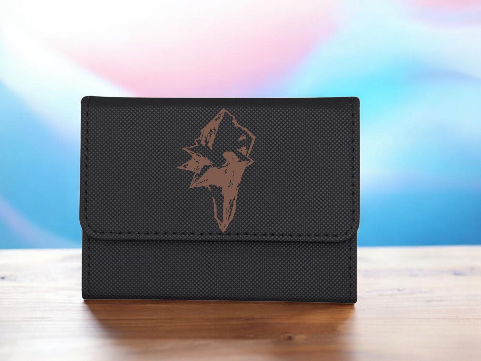 a wallet sitting on top of a wooden table
