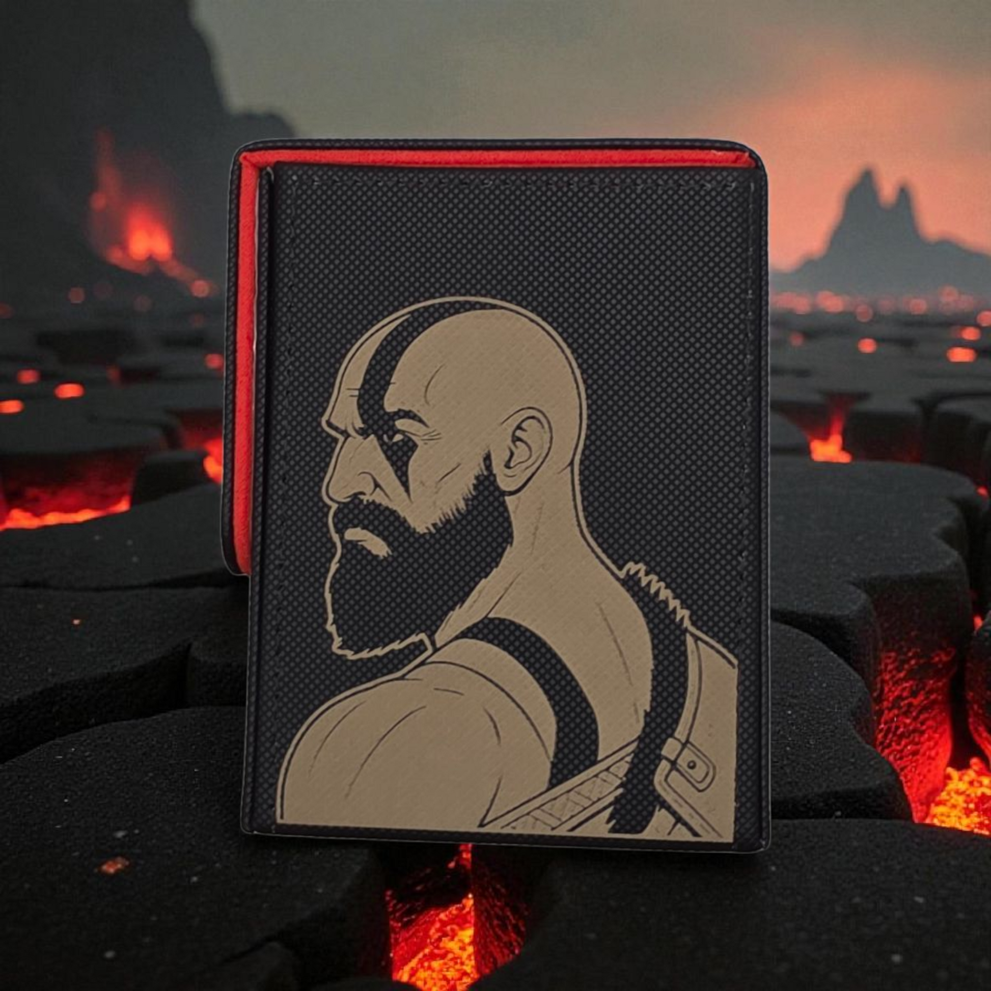 a man with a beard, depicted in a stylized manner, with a fiery background.