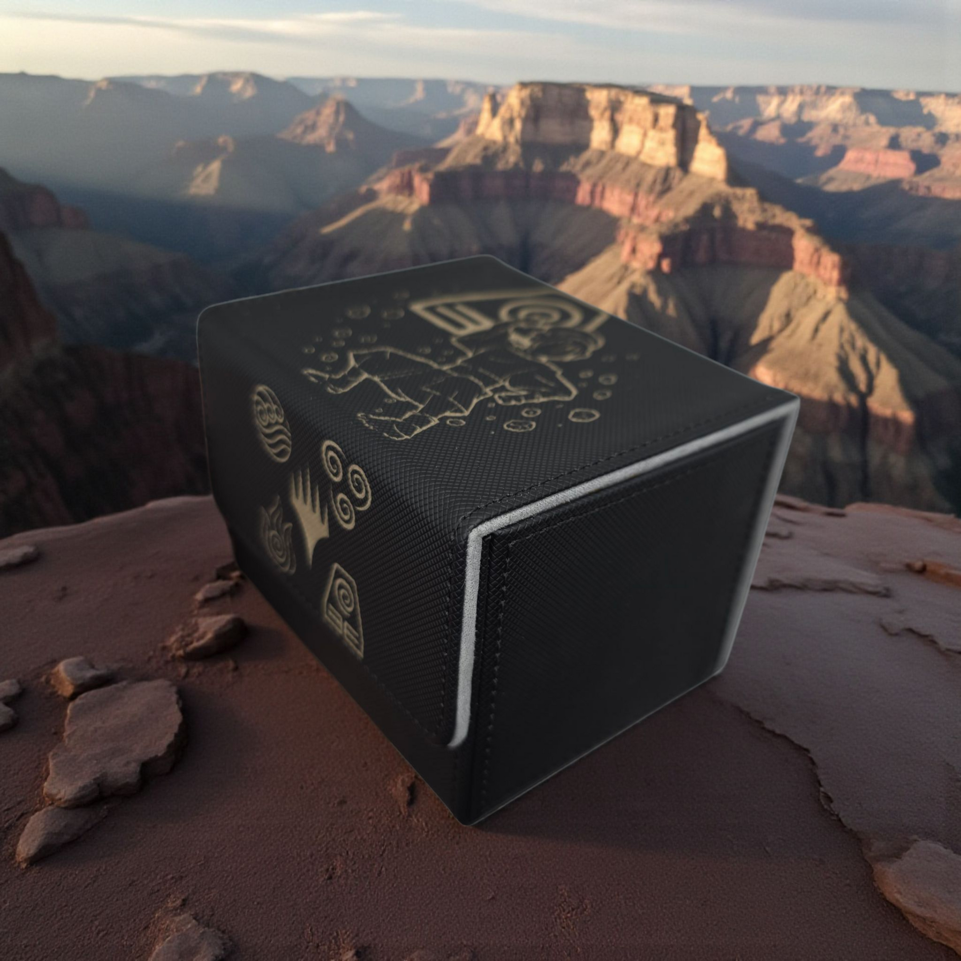 A black Magic: The Gathering (MTG) card box sits on a rocky surface, with a breathtaking view of the Grand Canyon in the background.
