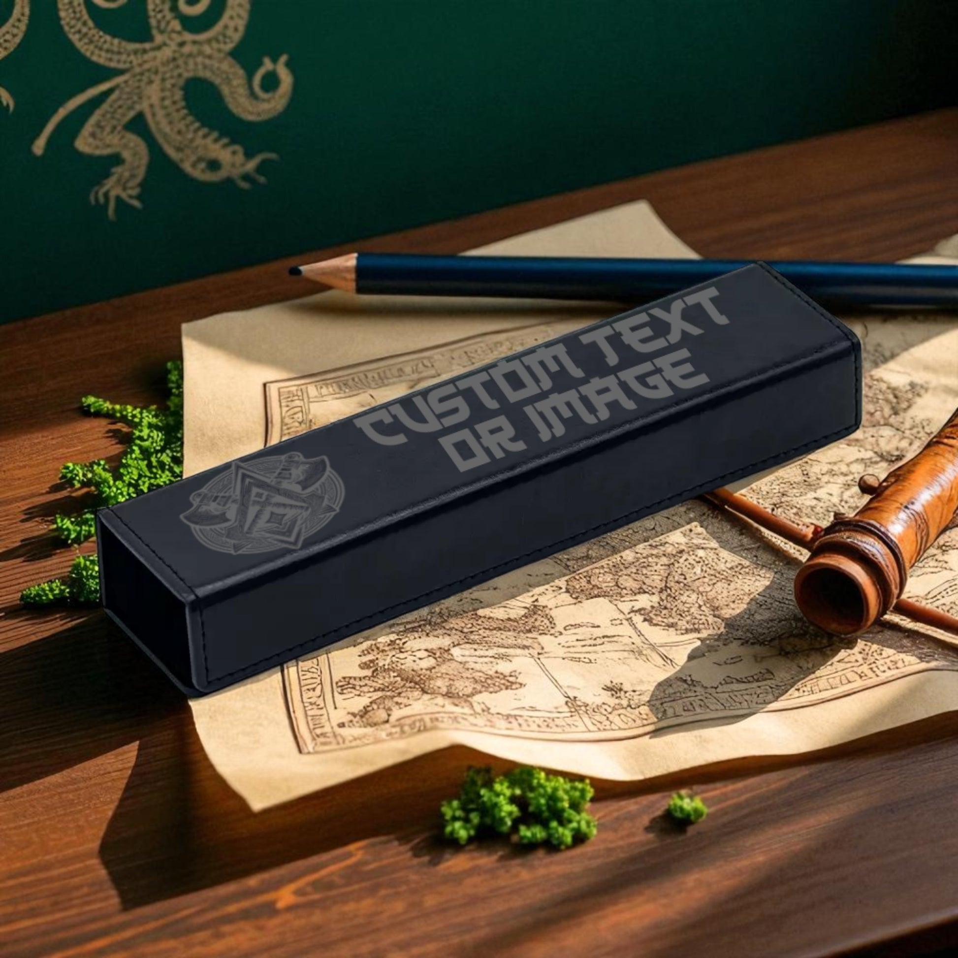 A black pencil case with the text "CUSTOM TEXT OR IMAGE" printed on it, along with a pencil and a map, are placed on a wooden surface.