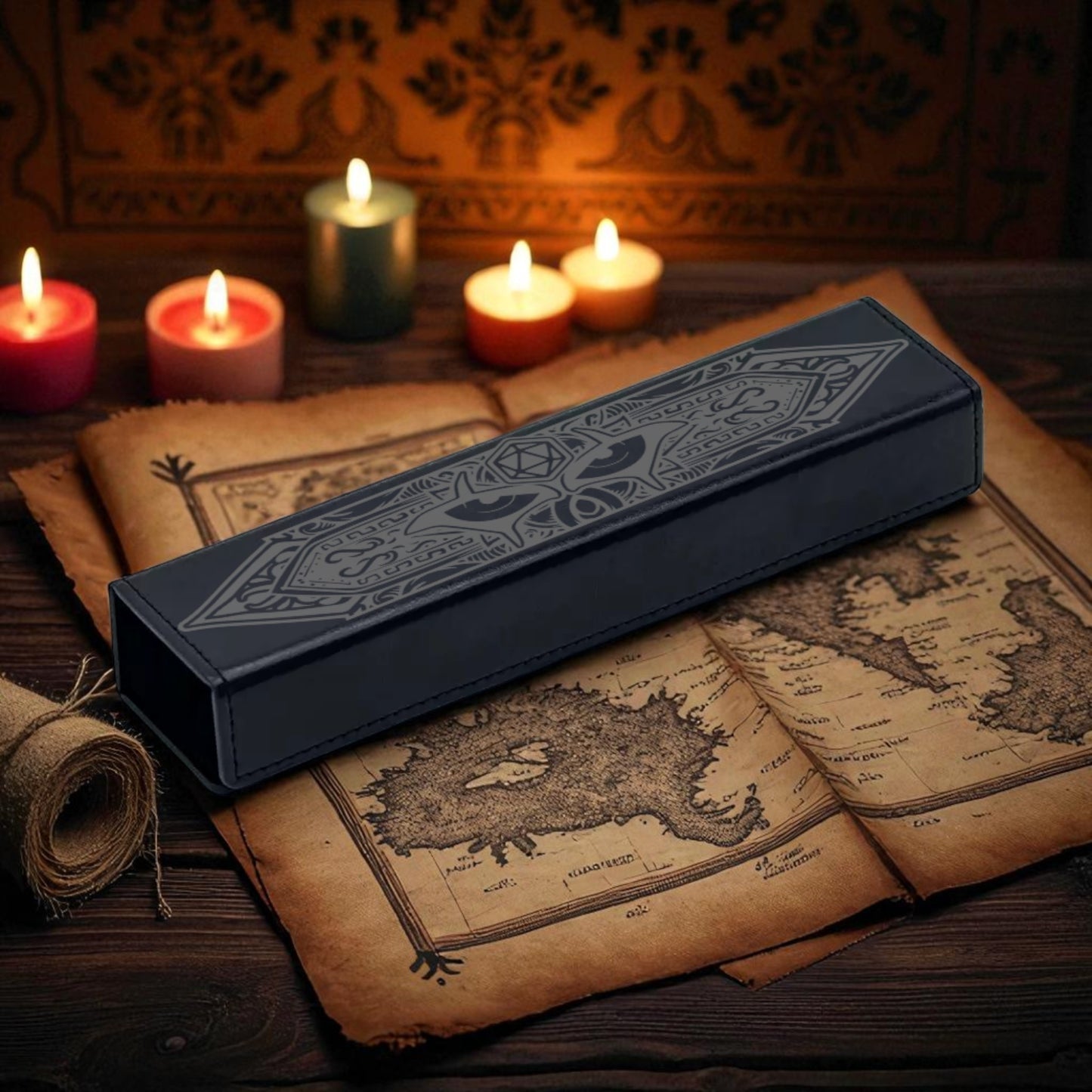 a black rectangular object with an intricate design on it, placed on top of an old map and surrounded by lit candles.